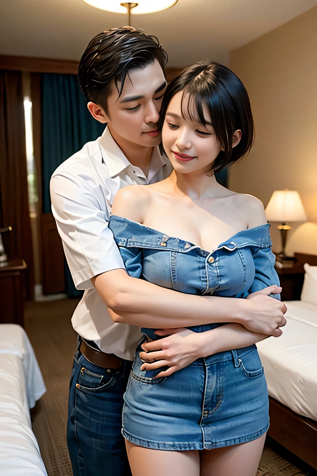 (8k,RAW photo、RAW photo、highest quality、master masterpiece:1.2)、Super detailed、super resolution、(Photoreal:1.3)、((Cowboy shot from the front:1.4))、Clearly depicts the shadows of light、High resolution RAW color photos、professional photos、((hotel bedroom:1.4))、((a man hugs a woman from behind:1.4))、I draw it faithfully to the anatomy...、very detailed and beautiful、super high quality、((Girl with short cut hair:1.4))、beautiful girl、((A woman wearing a white off-shoulder short-sleeved shirt:1.4))、((A woman is wearing a denim miniskirt:1.4))、Upper body、((Men with short black hair:1.5))、((white cutter shirt mens:1.4))、((smiling woman:1.4))、((the two hug each other, share a deep kiss, and say goodbye.:1.4))