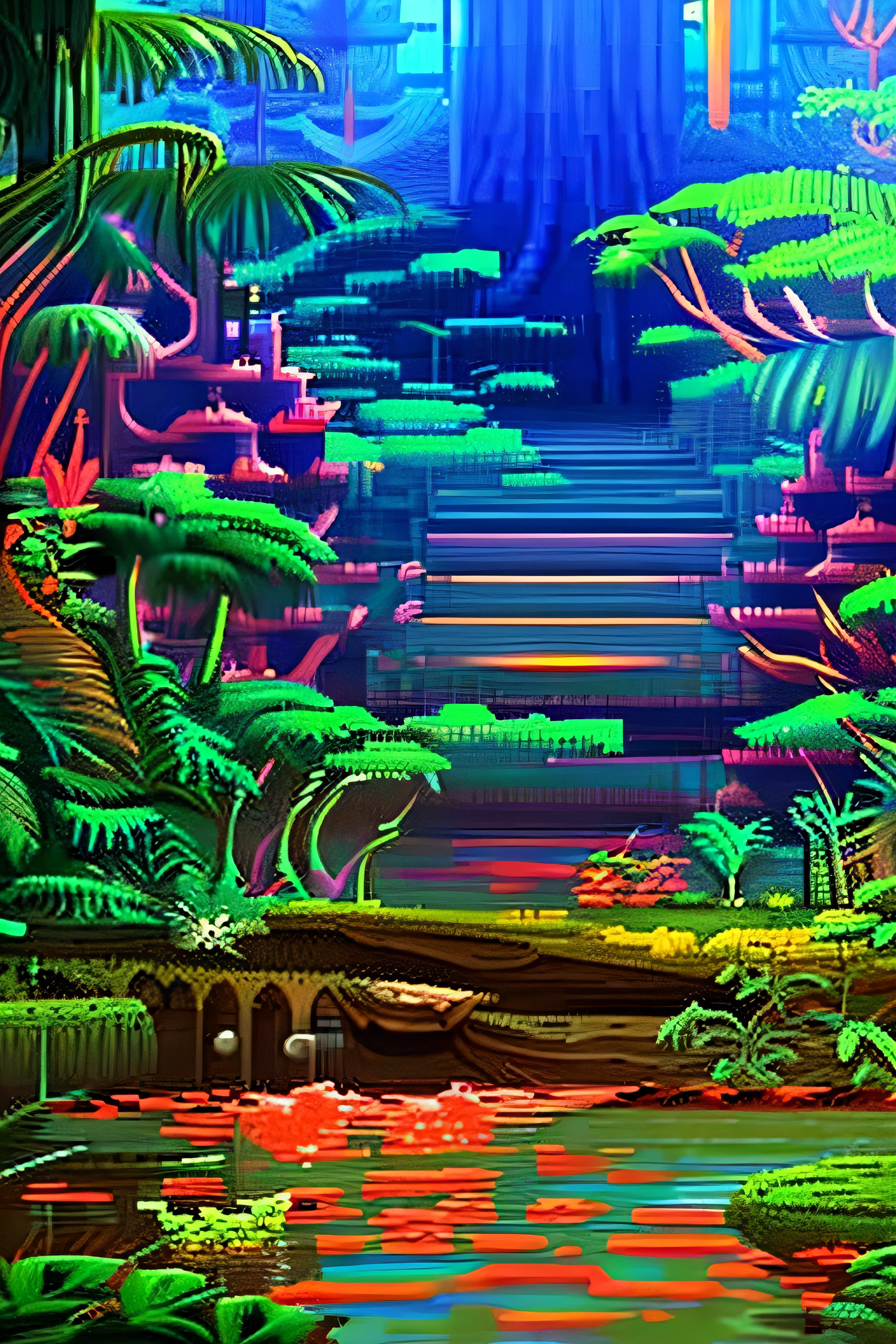 masterpiece, best quality, ultra-detailed, high resolution, dynamic composition, beautiful pixel art scenery, contrasting colors, soft lighting, vibrant environment.  gooey jungle with fiery colors.