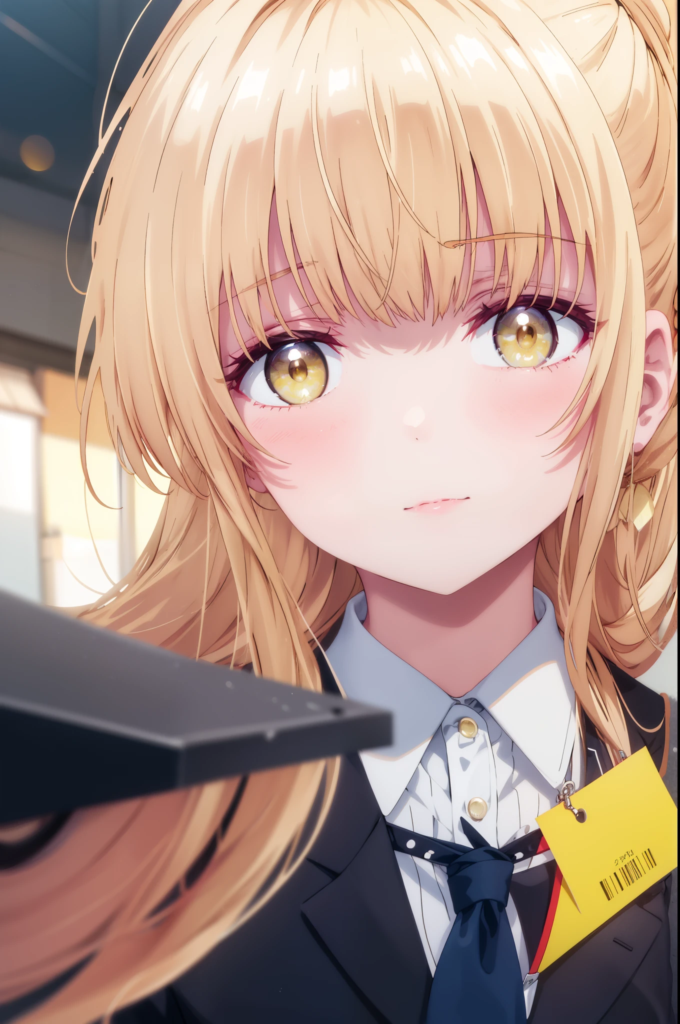 mahirushiina, Mahiru Shiina, bangs, blonde hair, brown hair, (yellow eyes:1.3), smile,blush,open your mouth,long hair,ponytail,OL, red glasses, end, black suit jacket, collared jacket, white dress shirt, collared shirt, neckline, button, strap, ID card on neck, black pencil skirt, stiletto heels,black pantyhose, smile, blush, looking at the viewer,sunrise,morning,The sun is rising through the gap between the buildings,walking,
break outdoors,building street,In town,
break looking at viewer,
break (masterpiece:1.2), highest quality, High resolution, unity 8k wallpaper, (figure:0.8), (detailed and beautiful eyes:1.6), highly detailed face, perfect lighting, Very detailed CG, (perfect hands, perfect anatomy),