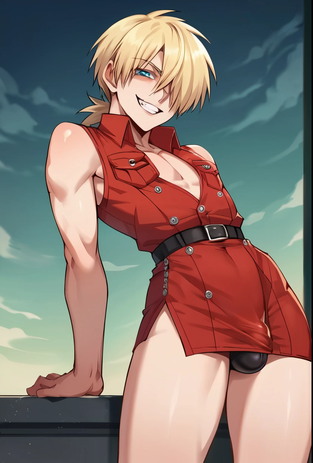 score_9, score_8_up, score_7_up, source_anime, solo, seras victoria, hellsing, smug sinister expression, 
Sinister, evil, looking at viewer, arms behind back, blonde hair, hair over one eye, blue eyes, Chines edress,  red gown,, sexy, flat chest, femboy, male, 1boy, genderbend, bulge, penis visible outline, penis bulge outline, open shirt, exposed thighs 