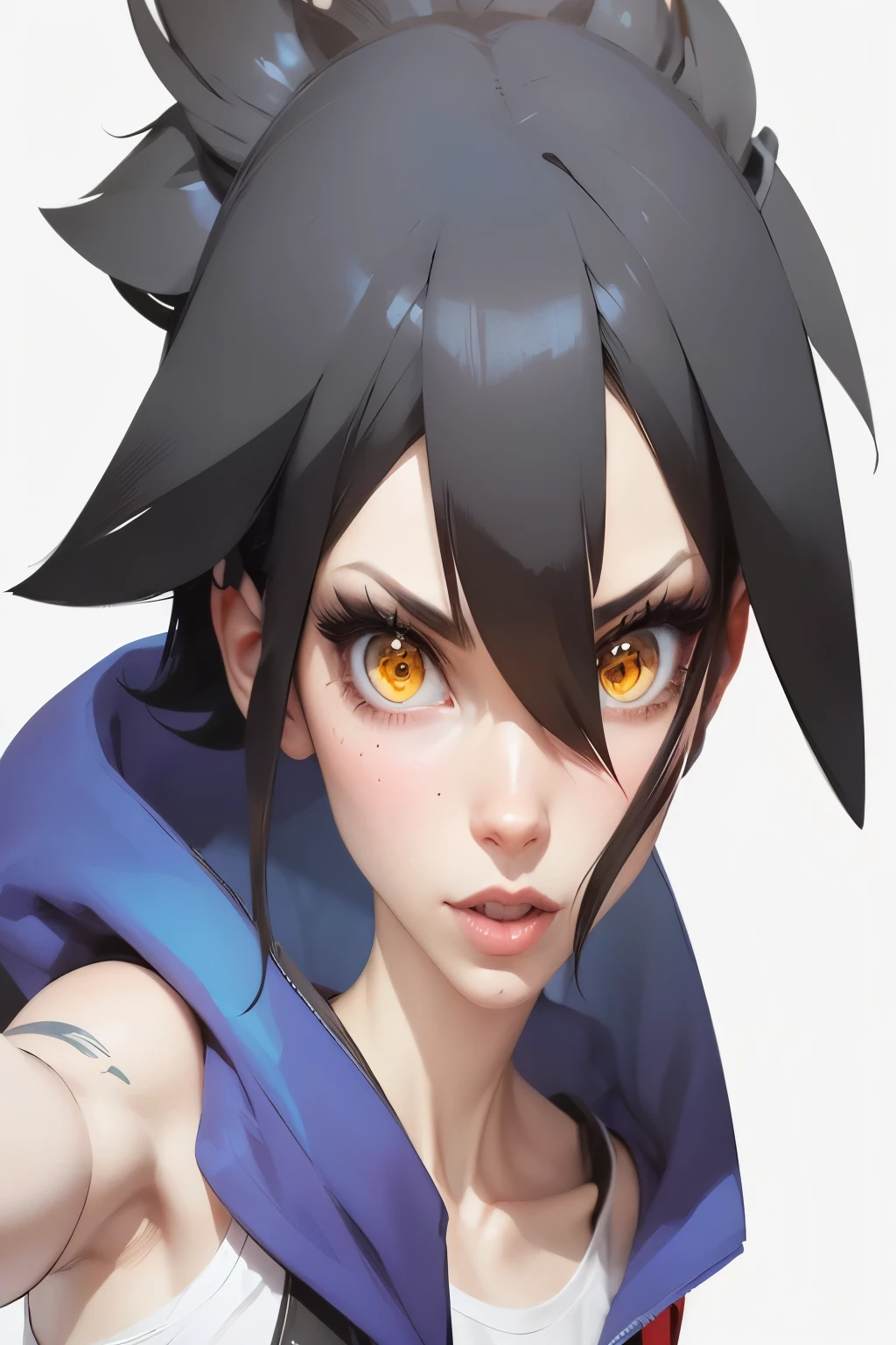 An anime with black hair and yellow eyes pointing at something, Artgerm and Atey Ghailan, anime style 4k, Detailed anime character art, Extremely detailed Artgerm, Portrait of an anime hero, Krenz Kushat and Artgerm, Artem and Ilya Kuvshinov, Art Jem 4K, anime style characters