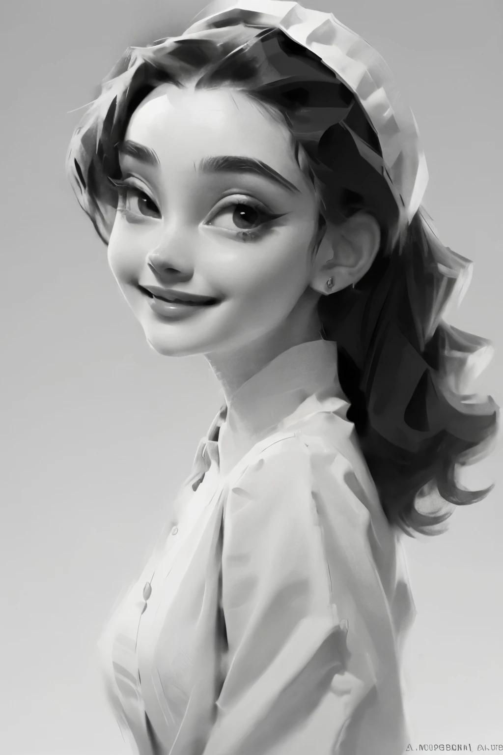 actual,maid,A face as delicate as Audrey Hepburn
(best quality, masterpiece, original photo,Super detailed:1.2), 1 girl,alone,looking at the audience,Smile，Gray and black gradient background，dark background