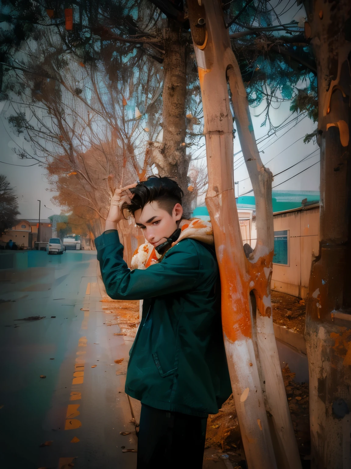 Boy with coffee futuristie background realistic face 8k ultra high quality hd