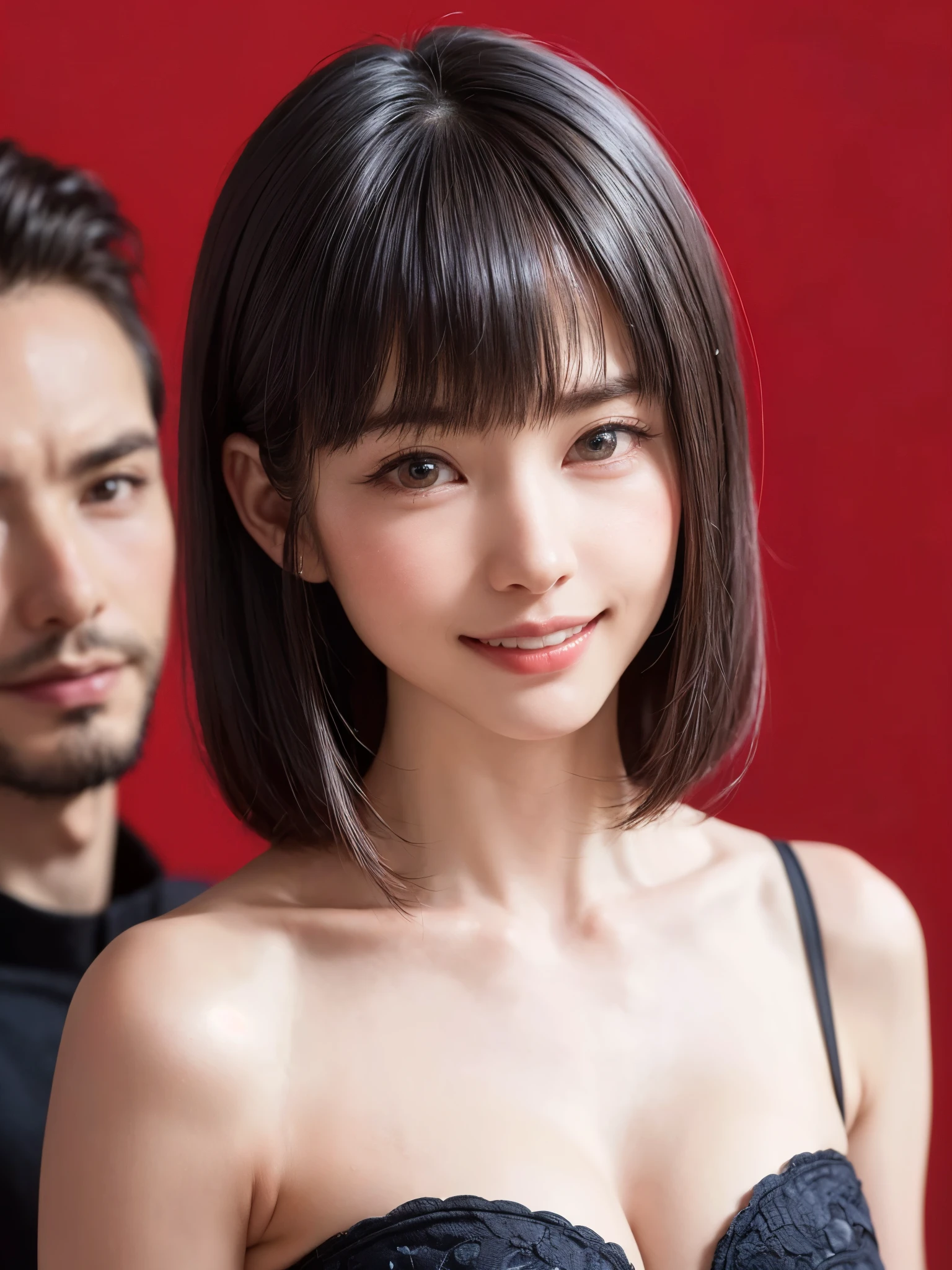 (table top, highest quality、ultra high resolution、face focus focus、focus on the sides、navel focus、decolletage focus、very attractive beauty、Adds intense highlights to the eyes、look closely at the camera:1.4、Absolutely beautiful bangs:1.4、Brunette short bob hair with bangs:1.4),1 girl, Report, black haired, realistic, looking at the viewer, pale black eyes, short hair, lips, lip gloss, Upper body、Big eyes、eyelash)、((italian natural background、hyper real stick:1.4))、((short hair with bangs:1.4、Beautiful bangs with 46 points:1.4、{Huge|big|Hugeな|mega} chest:2, cleavage:2、Big eyes、Give students very powerful highlights、very bigger chest、look at the audience、very beautiful beauty、show me your ears、beautiful long neck、beautiful decollete、smile、A smilee beautiful teeth、Open your mouth and smilee))、28 years old、very cute super model、perfect anatomy
