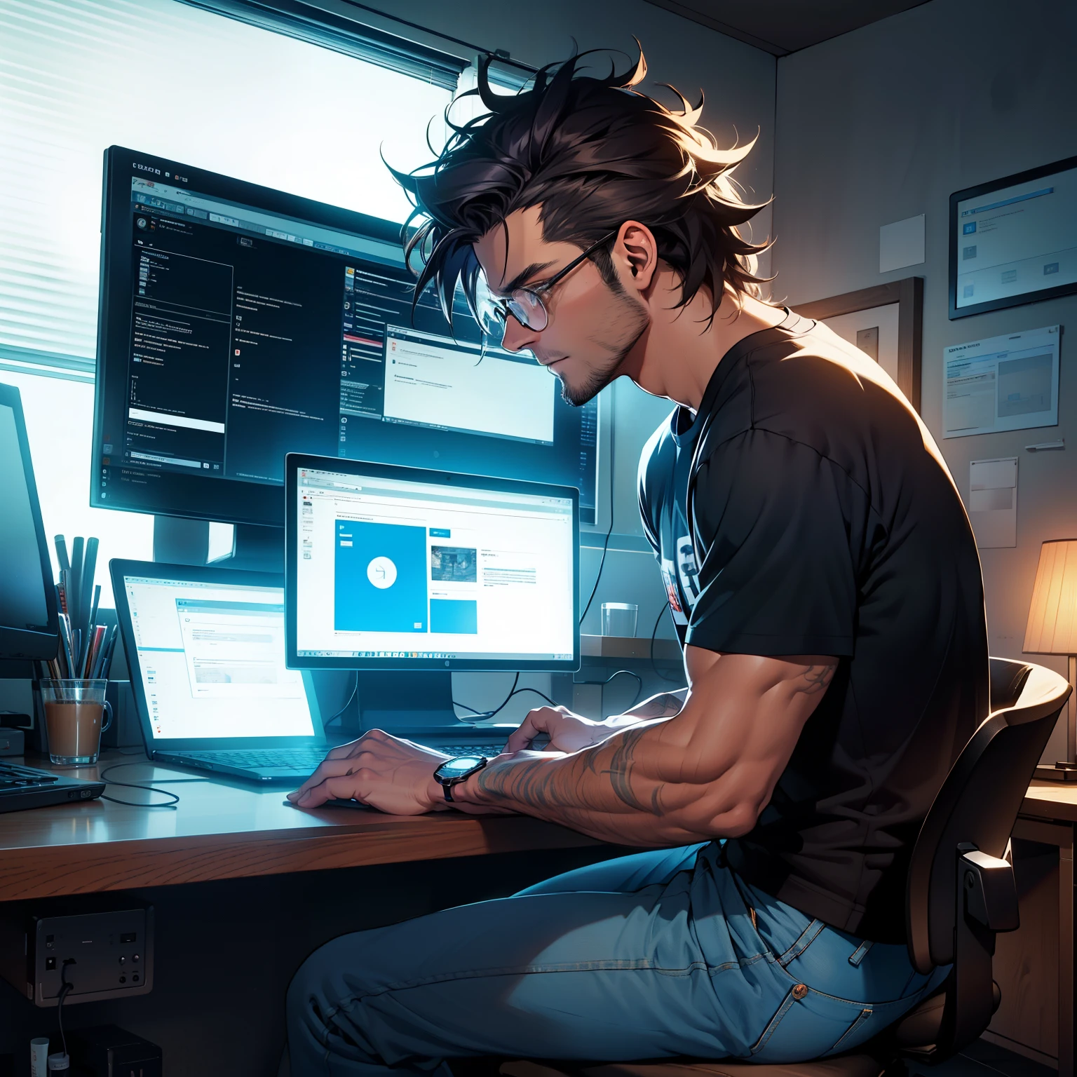 A simple depiction of a focused hacker at his laptop:

Male figure, intently gazing at the computer screen, stubble on jawline, lean build, thick-rimmed glasses, T-shirt and worn jeans, messy hair, typing furiously on the keyboard, hands positioned ergonomically for optimal efficiency, monitor casting a warm glow on his determined face, cables and wires snaking around the desk, a mug of strong coffee nearby, the room bathed in the soft light of multiple screens, a single lamp casting shadows on the walls, focused and resolved, infusing the image with an air of suspense and intrigue.