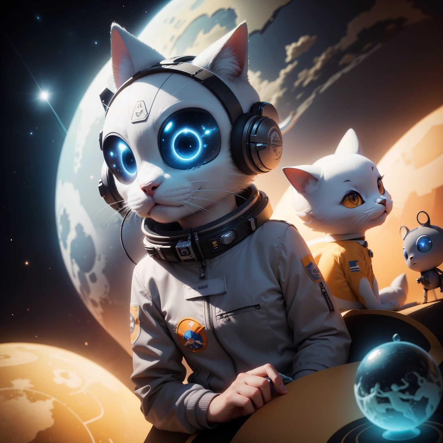 Il y a un groupe d'animaux dans des combinaisons spatiale, Cool digital painting, Rendu 3D mignon, Detailed and friendly digital art, bel digital art, chat astronaute, Personnages de dessins animés sympathiques, stylized rendering, rendu d&#39;art de personnage art de personnage 8k, rendre l&#39;digital art, peut! C4D, fond blanc