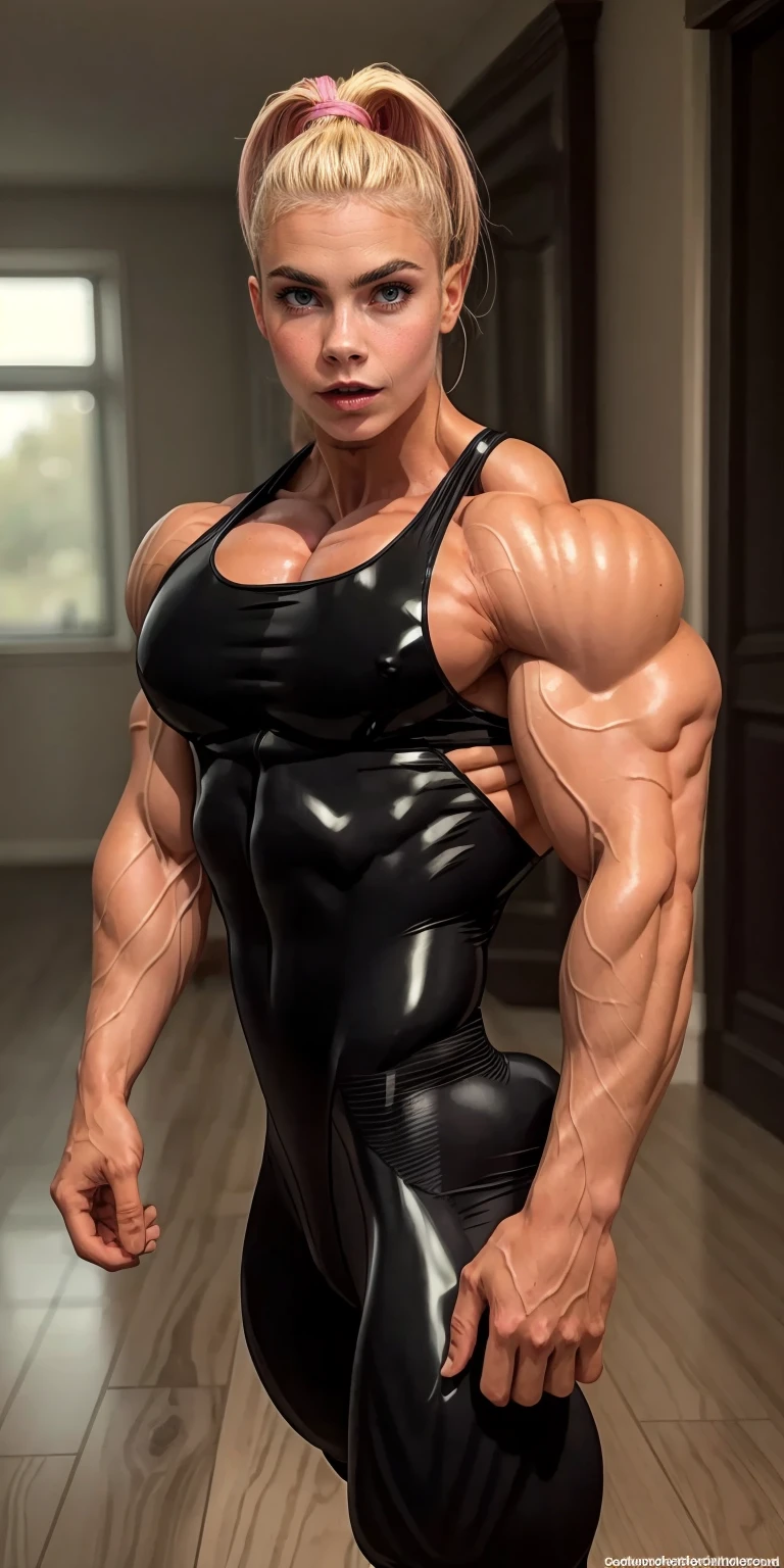 (1 girl), (cara delevingne), young girl, masculine physique, seductive face, seductive look, long pink hair, perfect muscular body, super skinny legs, black latex bodysuit, (huge muscular arms:1.45),