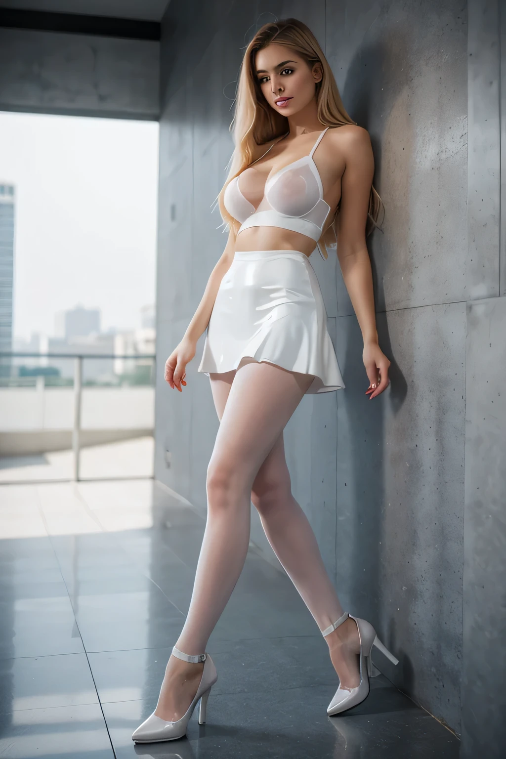 high quality, 8K Ultra HD, full body,19-year-old woman in full growth,super detailing face,tall,long wave hair,Blonde, white shining hair, smile,super detailing face,super detailing big blue eays , bare shoulders,big breasts, Super detailing, very beautiful body,latex, Transparent clothes,blue Latexbluse , short skirt ,The background is a gray wall, beautiful legs dressed in white stockings,Shoes with heels,ultra realistic photograph