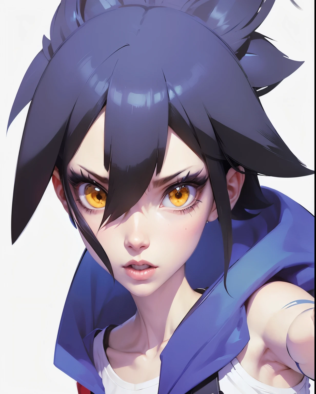 Anime girl with blue hair and yellow eyes pointing at something, Artgerm and Atey Ghailan, anime style 4k, Ilya Kuvshinov. 4k, Krenz Kushat and Artgerm, artgerm and Ilya Kuvshinov, Ilya Kuvshinov, artgerm 4k, Detailed anime character art