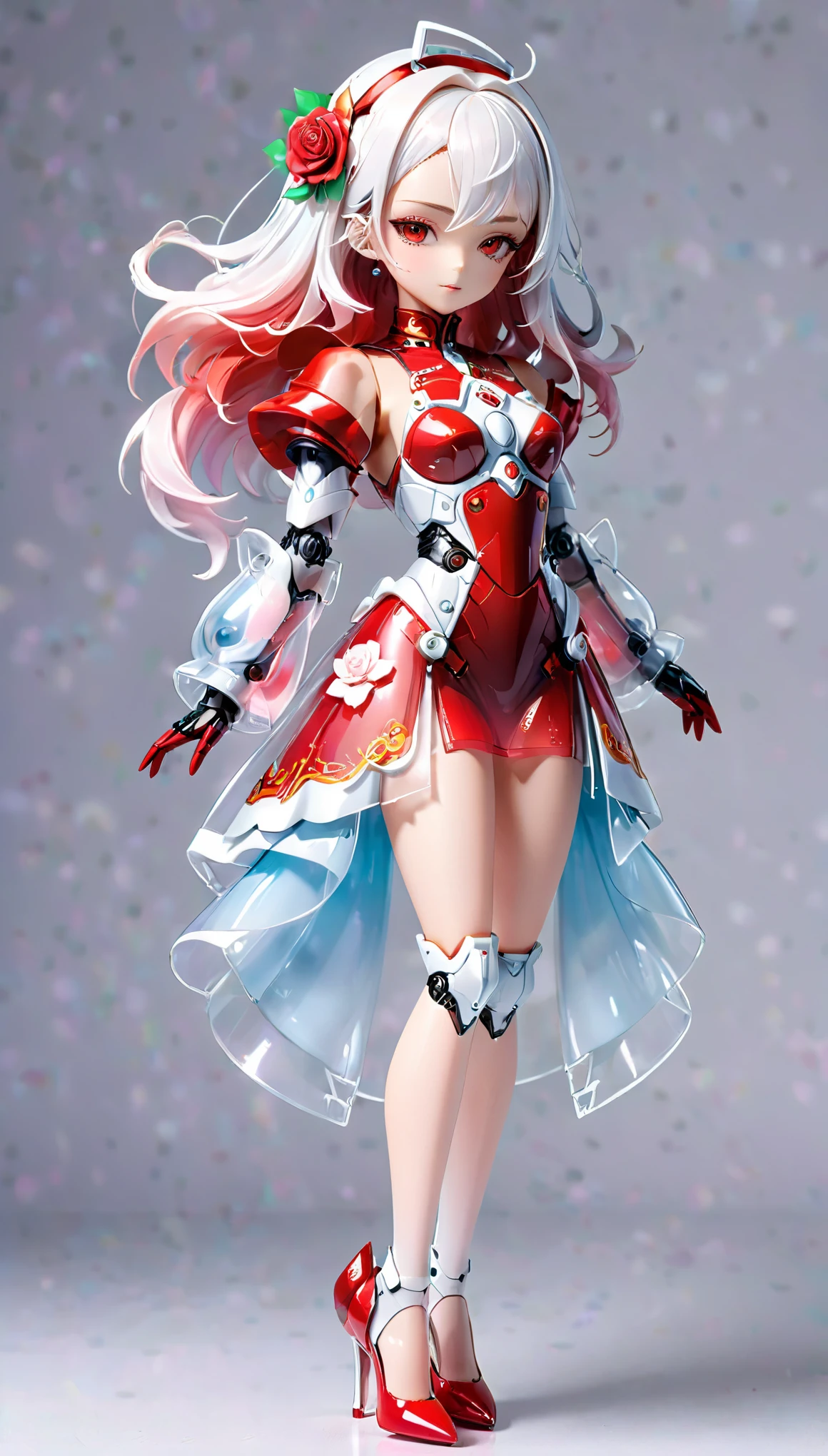 ((Full body photo, standing, feet on the ground)) (Blind Box Spielzeug Stil:1.2),full body, solo,white background,(A female robot in a transparent White and red gradients rose dress, wearing gloves and high heels),(Chinese color,Very colorful), 3D