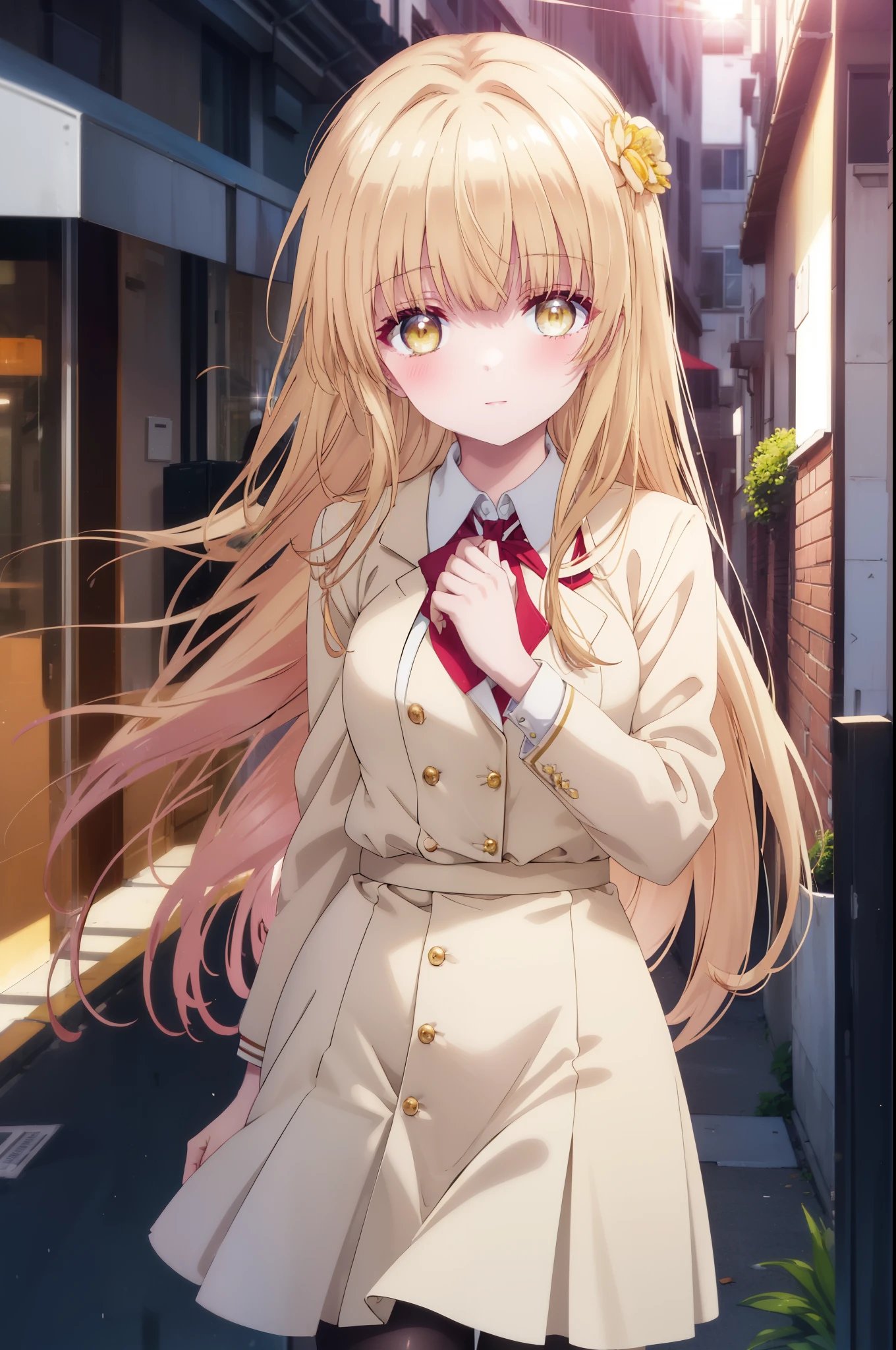 mahirushiina, Mahiru Shiina, bangs, blonde hair, brown hair, (yellow eyes:1.3), smile,blush,open your mouth,long hair,OL, red glasses, end, black suit jacket, collared jacket, white dress shirt, collared shirt, neckline, button, strap, ID card on neck, black pencil skirt, stiletto heels,black pantyhose, smile, blush, looking at the viewer,sunrise,morning,The sun is rising through the gap between the buildings,walking,
break outdoors,building street,In town,
break looking at viewer, whole body, (cowboy shot:1. 5)
break (masterpiece:1.2), highest quality, High resolution, unity 8k wallpaper, (figure:0.8), (detailed and beautiful eyes:1.6), highly detailed face, perfect lighting, Very detailed CG, (perfect hands, perfect anatomy),