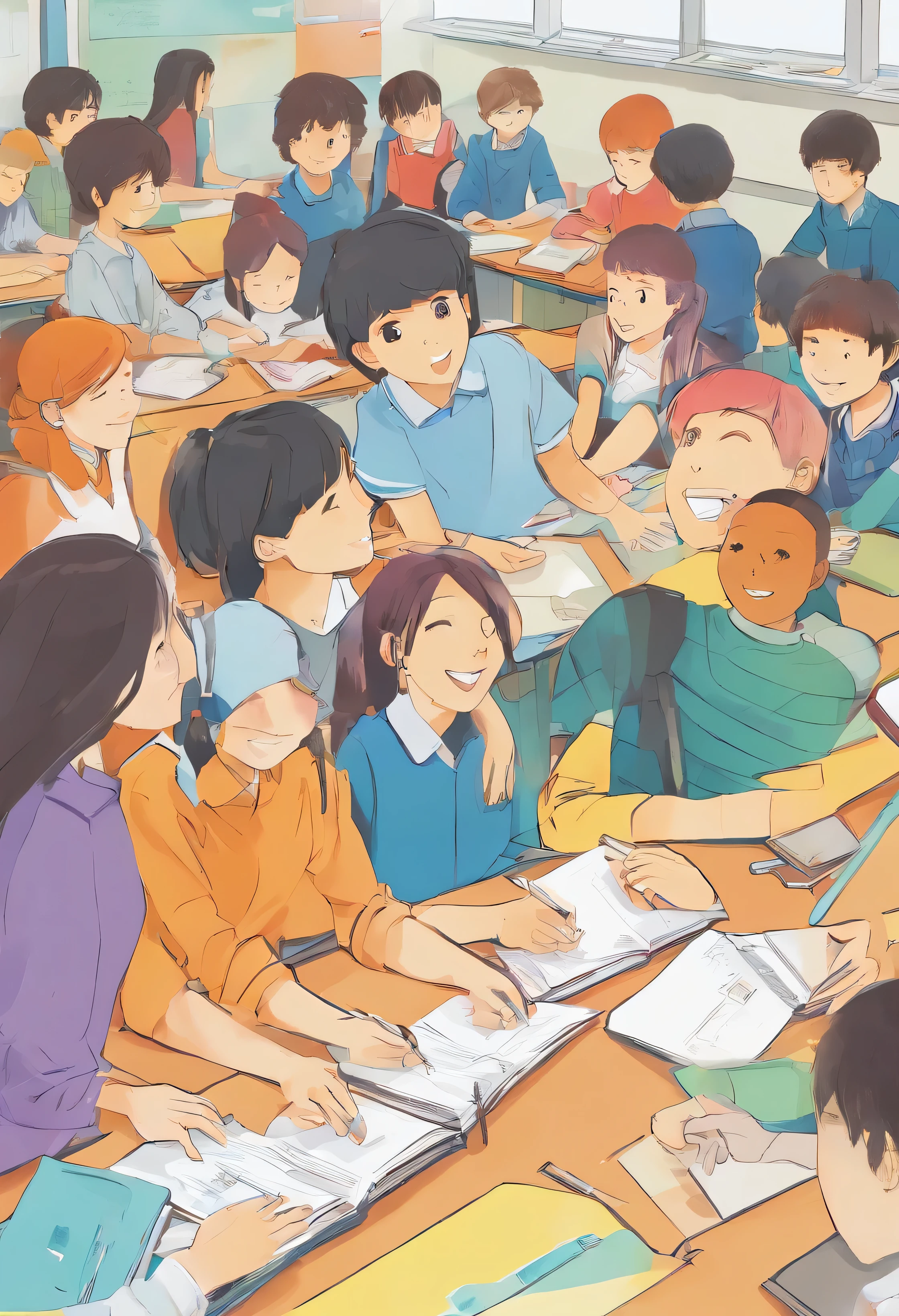 estudiantes sonrientes, colaborativo, ambiente del aula, Grupo diverso de estudiantes, Caras felices, trabajo en equipo, estudiantes comprometidos, Entorno de apoyo, Aprendizaje interactivo, Lively discussion, sitting in small groups, intercambiando ideas, Compartir conocimientos, positive energy, vibrant atmosphere, productive collaboration, Active Participation, practical activities, sesiones de lluvia de ideas, Conversaciones animadas, Estudiantes entusiastas, mutual encouragement, Ambiente inspirador, aprendizaje cooperativo, Estudiantes motivados, Dynamic interactions, Mentalidad de crecimiento, el intercambio de conocimientos, fomentando la creatividad, Encourage critical thinking., Foster communication skills., nutriendo la comunidad de aprendizaje, excelencia educativa, Enfoque centrado en el estudiante, Desarrollo de habilidades del siglo XXI, empathy, escucha activa, Mente abierta, curiosidad, respeto, inclusividad, aprendices de por vida, success-oriented mindset, commitment to academic performance.