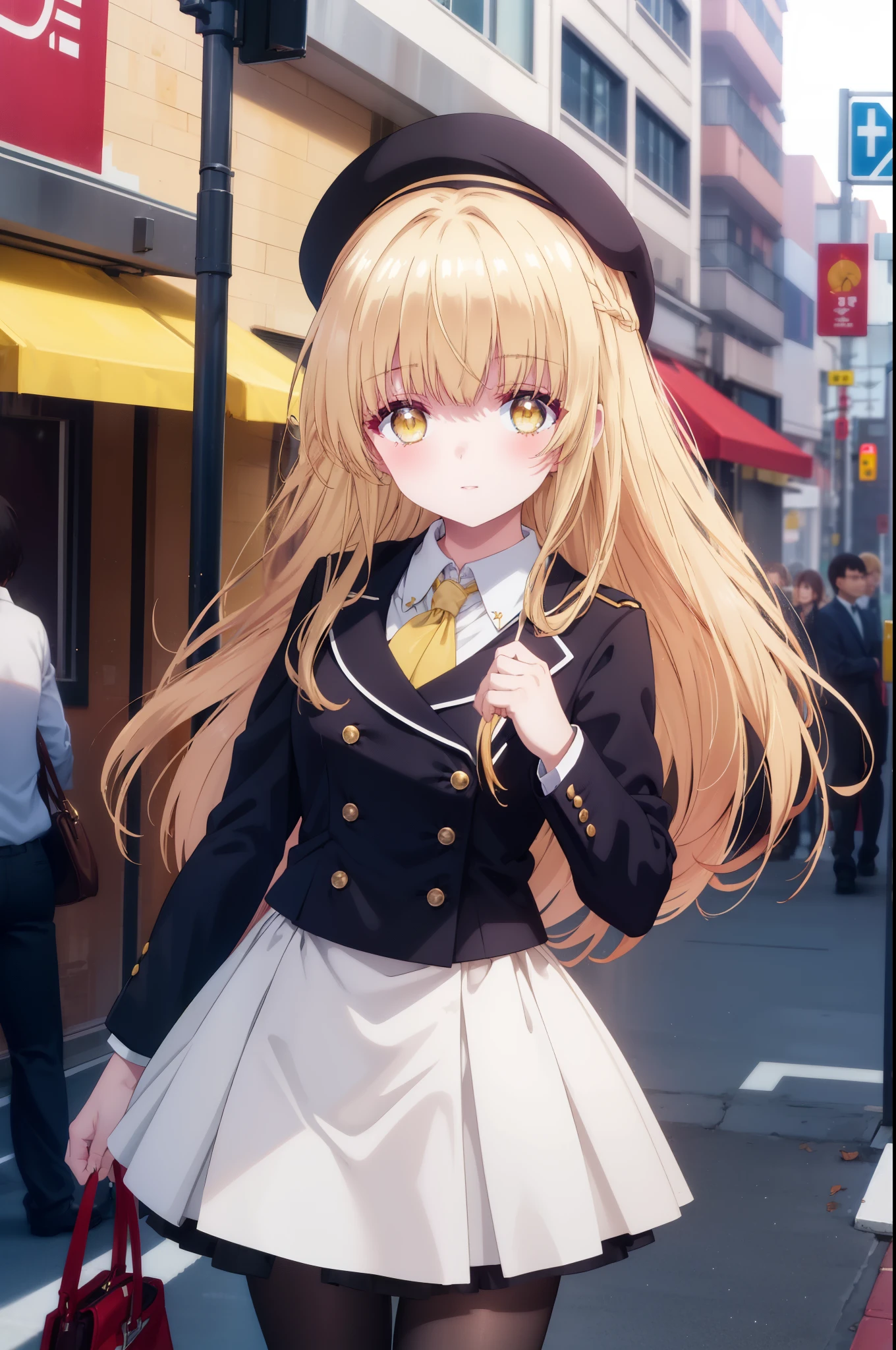 mahirushiina, Mahiru Shiina, bangs, blonde hair, brown hair, (yellow eyes:1.3), smile,blush,open your mouth,long hair,OL, red glasses, end, black suit jacket, collared jacket, white dress shirt, collared shirt, neckline, button, strap, ID card on neck, black pencil skirt, stiletto heels,black pantyhose, smile, blush, looking at the viewer,sunrise,morning,The sun is rising through the gap between the buildings,walking,
break outdoors,building street,In town,
break looking at viewer, whole body, (cowboy shot:1. 5)
break (masterpiece:1.2), highest quality, High resolution, unity 8k wallpaper, (figure:0.8), (detailed and beautiful eyes:1.6), highly detailed face, perfect lighting, Very detailed CG, (perfect hands, perfect anatomy),