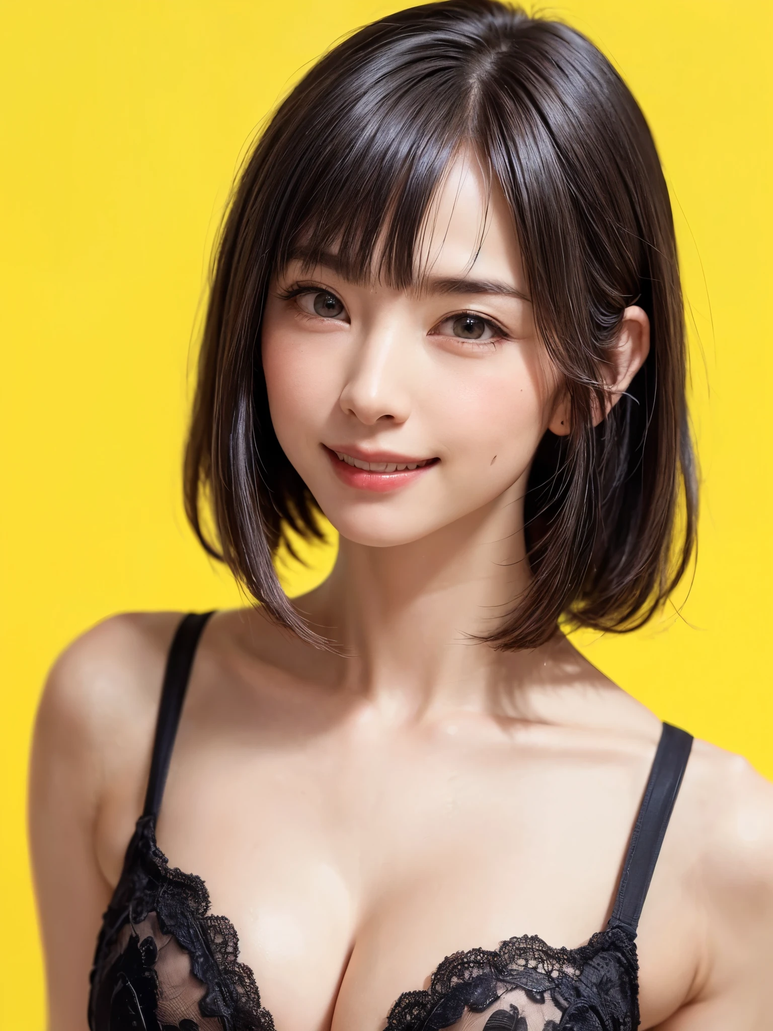(table top, highest quality、ultra high resolution、face focus focus、focus on the sides、navel focus、decolletage focus、very attractive beauty、Adds intense highlights to the eyes、look closely at the camera:1.4、Absolutely beautiful bangs:1.4、Brunette short bob hair with bangs:1.4),1 girl, Report, black haired, realistic, looking at the viewer, pale black eyes, short hair, lips, lip gloss, Upper body、Big eyes、eyelash)、((italian natural background、hyper real stick:1.4))、((short hair with bangs:1.4、Beautiful bangs with 46 points:1.4、{Huge|big|Hugeな|mega} chest:2, cleavage:2、Big eyes、Give your students very powerful highlights、very bigger chest、look at the audience、very beautiful beauty、show me your ears、beautiful long neck、beautiful decollete、smile、A smilee beautiful teeth、Open your mouth and smilee))、28 years old、very cute super model、perfect anatomy
