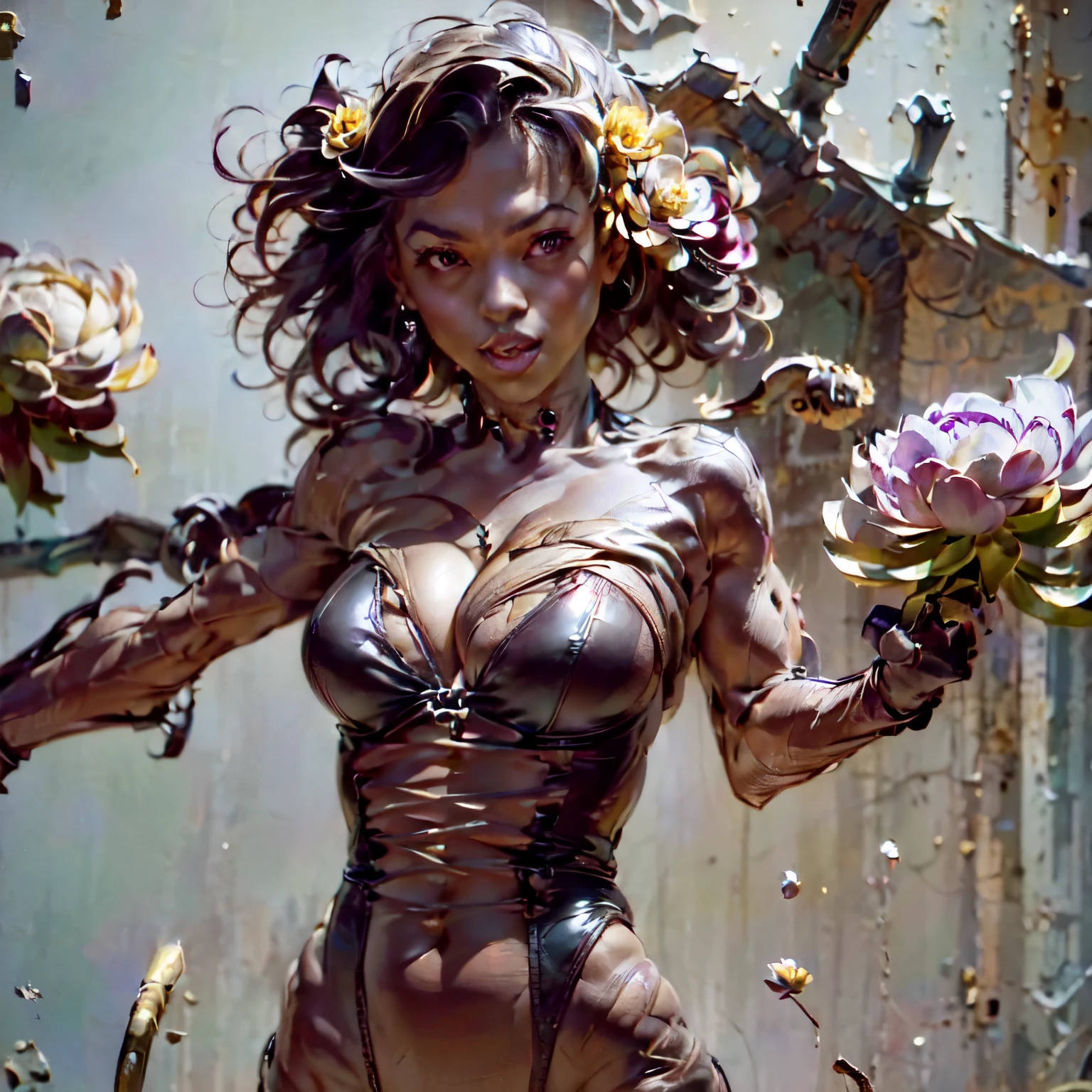 ((Masterpiece, Best quality: 1.2), (Create MAxZenArt!))_((Top quality, oil painting, virtuoso execution, wonderful masters))_((Final fantasy (Yuna),(young girl - , nude, full growth, naked body, dark hair, light skin, scarlet lips, smile; black, expressive eyes, long eyelashes))_((Girl with brown hair, dressed; black translucent - chiffon dress, gold line, very short dress- peignoir, (erotica), (sexuality), (calm relaxed pose, hair fluttering in the wind, half a turn, look at the viewer, stylish girl model))_((Beautiful painting of characters, soft anime computer graphics, realistic anime -art, sexy girl, photorealistic rendering of an anime girl, painting-realism, digital art))_ ((Background- flower garden, pictorial writing, stylized- virtuosic brushwork, graphic, (stunning; flowers lilies, peonies, chrysanthemumodern style)_(High quality, masterpiece)).
