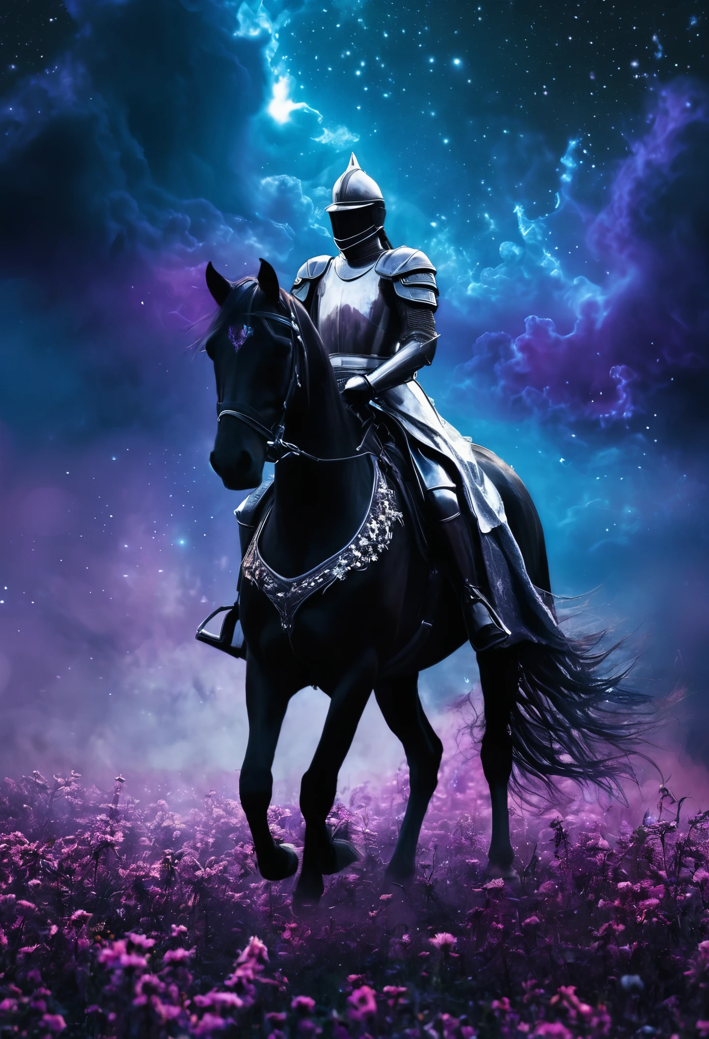 generates an image that reveals a breathtaking scenario, which seems to be taken from a parallel universe where the logic of our
reality intertwines with the fantastic. In this night scene, the sky is a thick fabric of purple and blue tones.
dark, dotted with stars that shine with an ethereal, almost supernatural light. Heavy clouds, tinged with a
deep violet, they float low, giving the environment a dense and mystical atmosphere.
In the center of the scene, a group of dark knights emerge, imposing silhouettes against the starry sky. Ride horses
mystics who defy the laws of nature; their manes and tails appear to be made of smoke and shadows, moving with a
own life. Fiery eyes in shades of fire and ice shine brightly, standing out in the dim light. These horses have
obvious superpowers: one exhales an icy vapor that freezes everything at its touch, another leaves a trail of flames that cannot
they burn the earth, but make the flowers shine with a silvery light under their heat.
The knights are imposing figures, dressed in armor that seems to absorb light, transforming them into vortices of light.
darkness. Each armor is unique, adorned