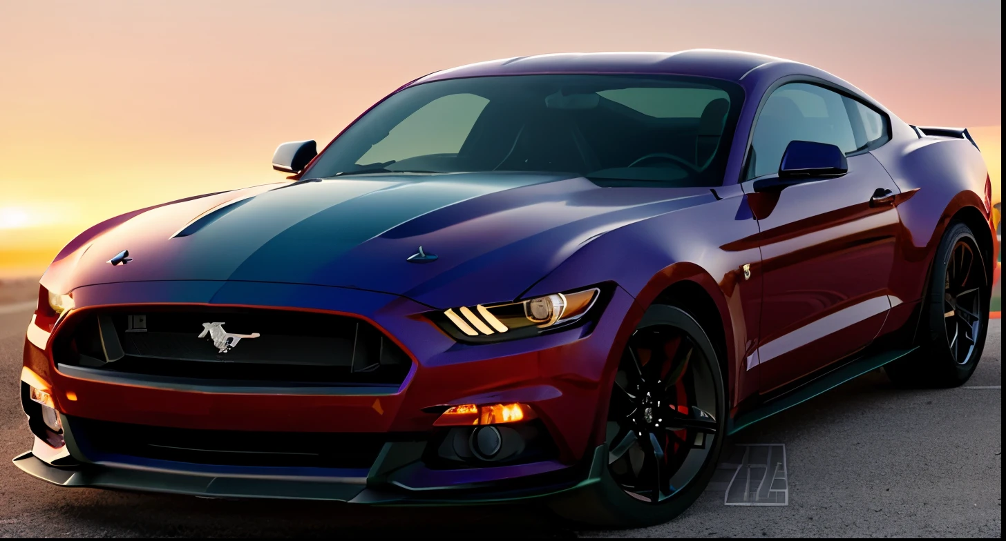 Mustang shelby gt500 driving into sunset, photo taken from rear left angle, ultra photorealism, sharp details, wide angle photography, 16k UHD, realistic proportions, fprza horizon 5