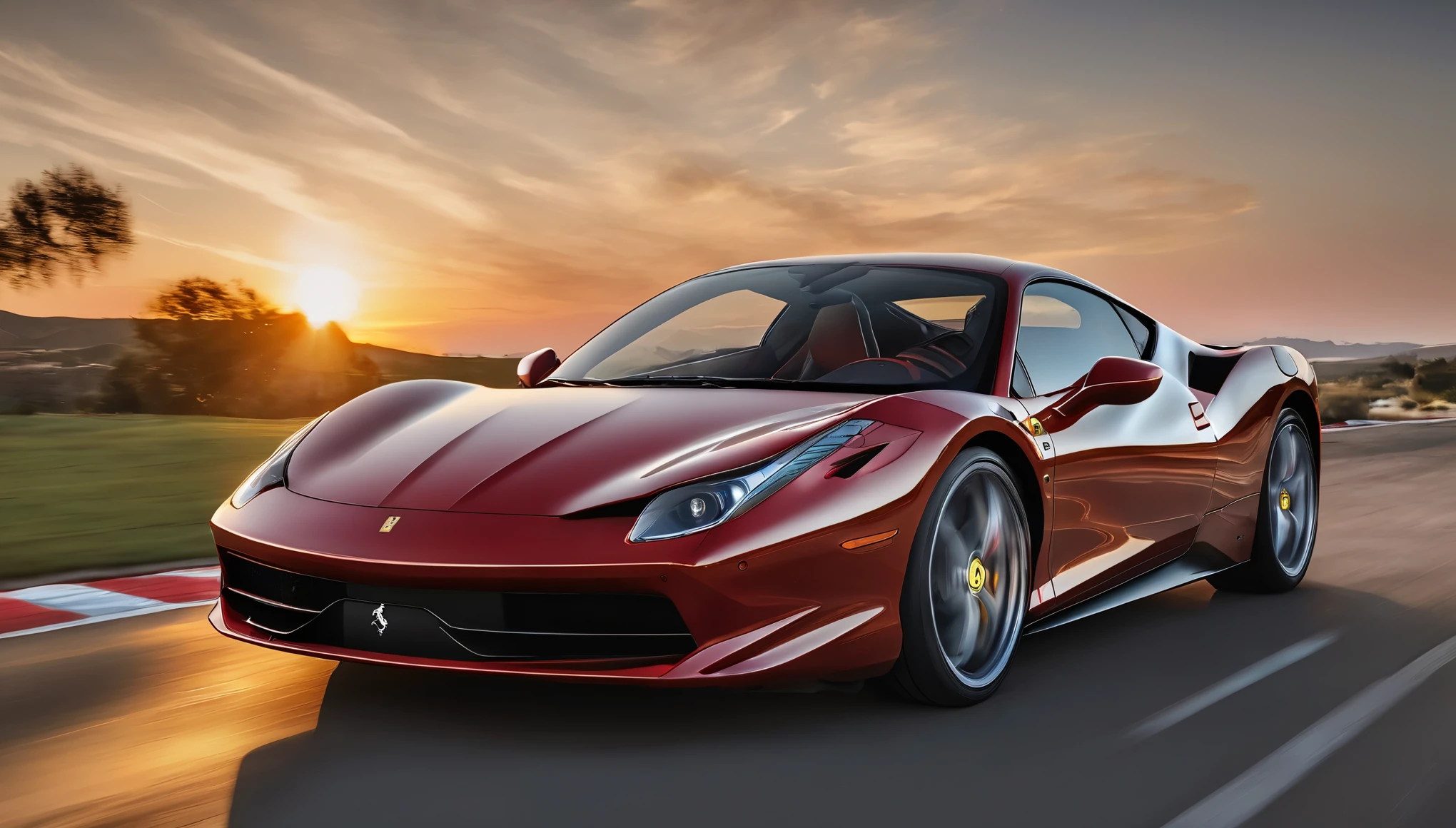 Ferrari 458 italia driving into sunset, photo taken from rear left angle, ultra photorealism, sharp details, wide angle photography, 16k UHD, realistic proportions, fprza horizon 5