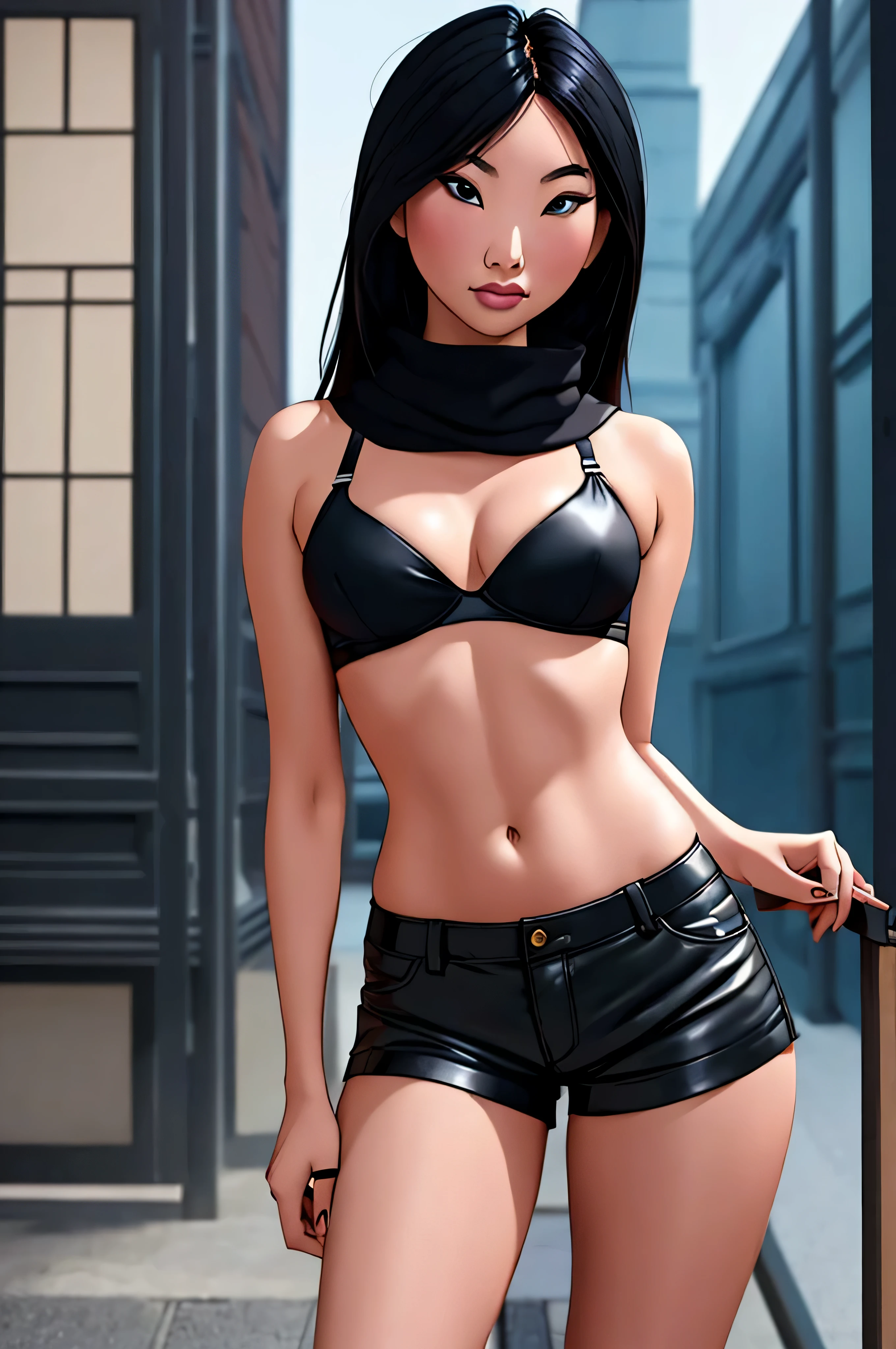 Mulher cyberpunk japonesa em lingerie preta e filme Mulan da Disney, sutiã e shorts streetwear, Estilo sexy, look sexy, , black leather bra, roupa sexy, usando um top cropped sexy, sexy :8, wearing leather bikini, very roupa sexy, pQuenteo of slim girl model, modelo de moda feminina japonesa, beautiful young japanese, sexy, Quente, horny woman