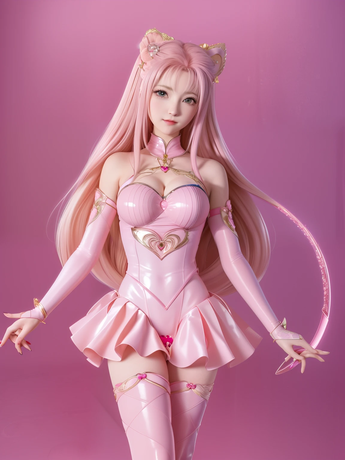 ((chibiusa Character from Salior Moon Series by Naoko Takeuchi)) with blue eyes ((full body)) and  pink hair that  tied into two heart-shaped odango,where coiled strings of hair emerge, Her bangs are shaped in an exaggerated heart-shape, wearing a white the leotard with pink sleeves and collar attached, the leotard has a pink chest bow and a pink heart brooch affixed in the Centre of it. Over the  leotard is a skirt that has two folds of pink  at the top and  two red folds at the  bottom, Her boots are pink with gold Tips