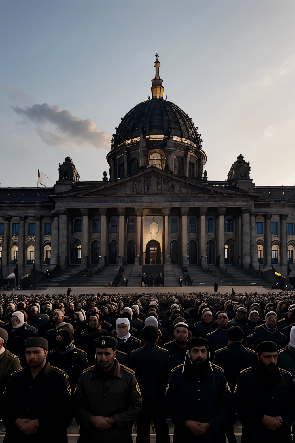 One hundred armed men from the Middle East in Germany raise a flag on the Reichstag in Berlin and pray to Allah