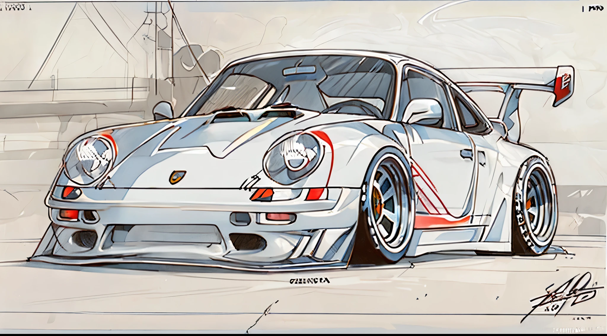 1994 White Porsche 911 rwb, wide body, sketch, 
cartoonish, comic strip, Chip Foose car rendering, chrome wheels, bagged, slammed to the ground, 