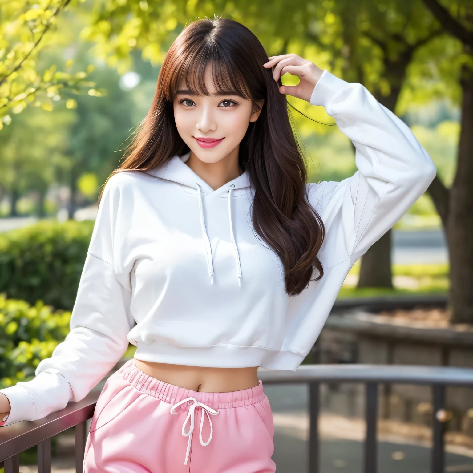 (highest quality、table top、8k、best image quality、Award-winning work)、one cute girl、(perfect long sleeve white hoodie:1.1)、(pink shorts:1.1)、Alone、perfect beautiful composition、(big breasts:1.1)、(emphasize body line:1.1)、slender body、the biggest smile looking at me、(Beautifully maintained and elegant park background:1.1)、(Beautiful park with depth:1.1)、(Strongly blurred background:1.1)、(stand gracefully:1.1)、natural makeup、Ultra high definition beauty face、ultra high definition hair、Super high-definition sparkling eyes、(Super high resolution glossy skin:1.1)、Super high resolution glossy lips、(Accurate anatomy with great attention to detail:1.1)、(very bright and vivid:1.1)