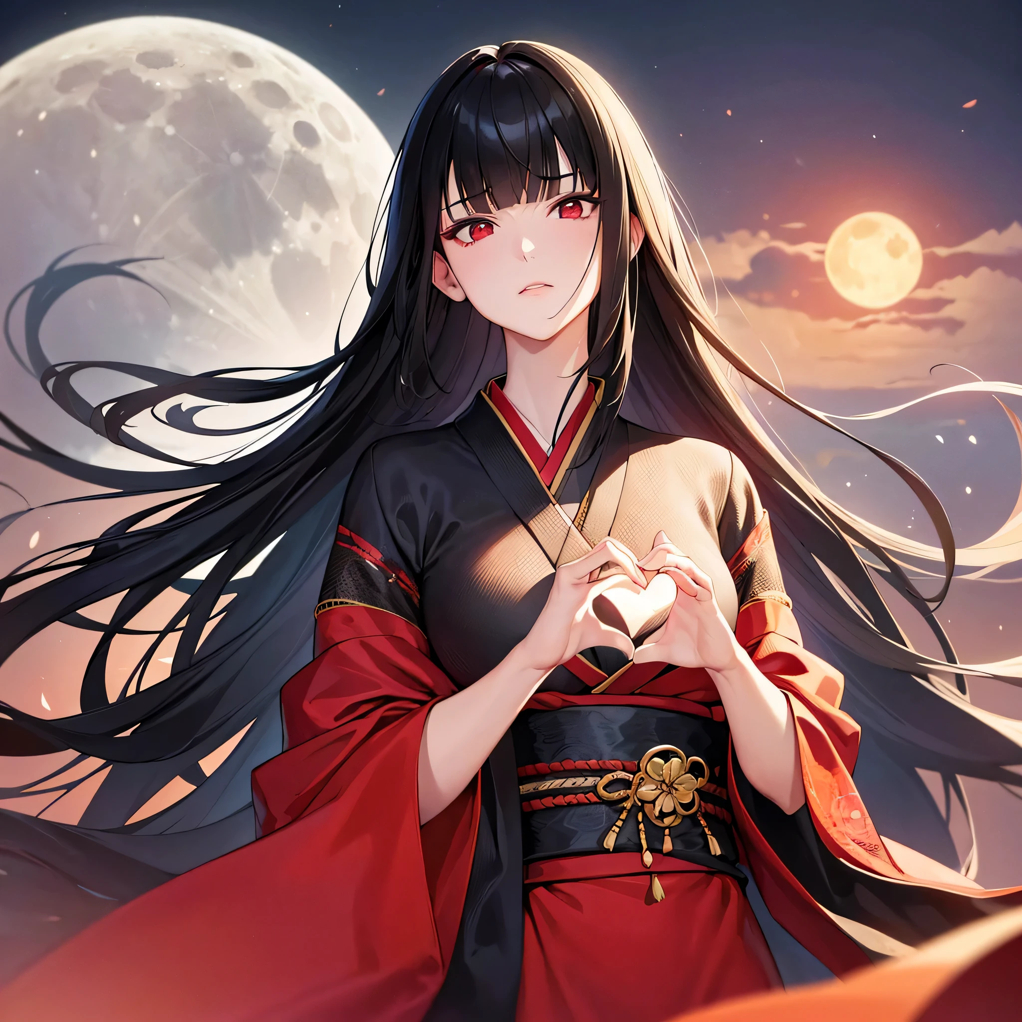 (highest quality),(masterpiece),(High resolution),(((perfect face))),(40 years old),black hair,long hair,straight hair,Upper body,dull bangs,frown,red eyes,small breasts,kimono,heart hand,moon night,shrine