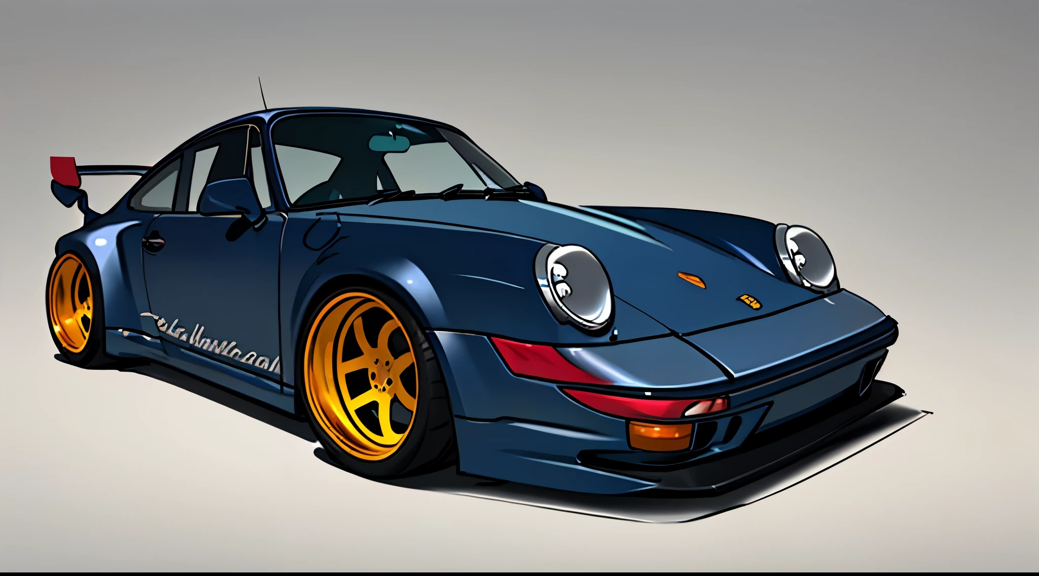 Vivid navy blue Porsche 911 rwb, hot- rod cartoon style drawling, sketch, detailed illustration, large wheels, wide bodykit
