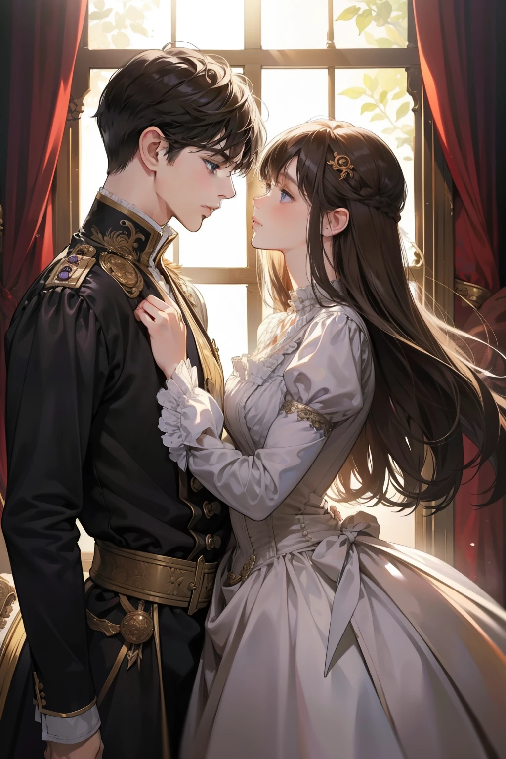 ((masterpieces)), best quality, outstanding illustration, a couple kissing, soft focus, 1 boy with short dark brown hair, 1 girl with long black front bang hair, Victorian clothes, Victorian romanticism, opulent and exquisite atmosphere, soft light and warm lighting, (girl’s eyes are purple), (boy’s eyes are grey).