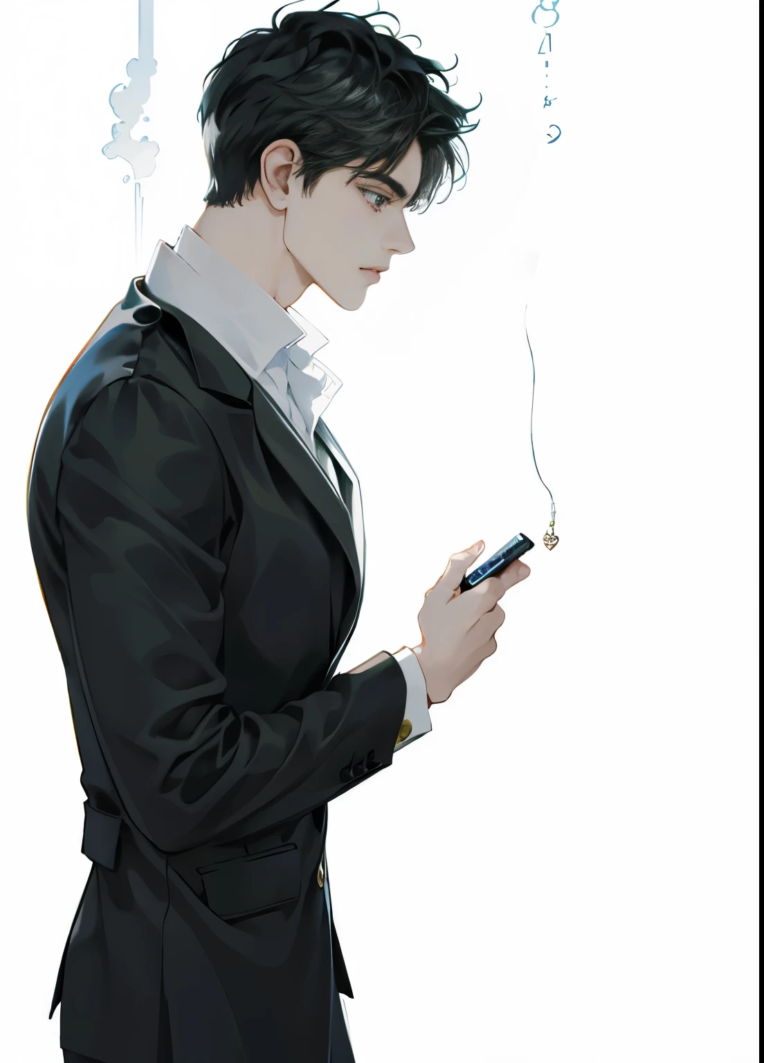 There was a man in a suit standing and looking at his cell phone., profile poses, elegant profile poses, beautiful androgynous prince, The delicate androgynous prince, Handsome anime poses, Right-hand profile, Discreet posture, People who are bisexual, Profile posing, Stand in elegant poses, Side pose, Thinking posture, Inspired by Okumura Masanobu