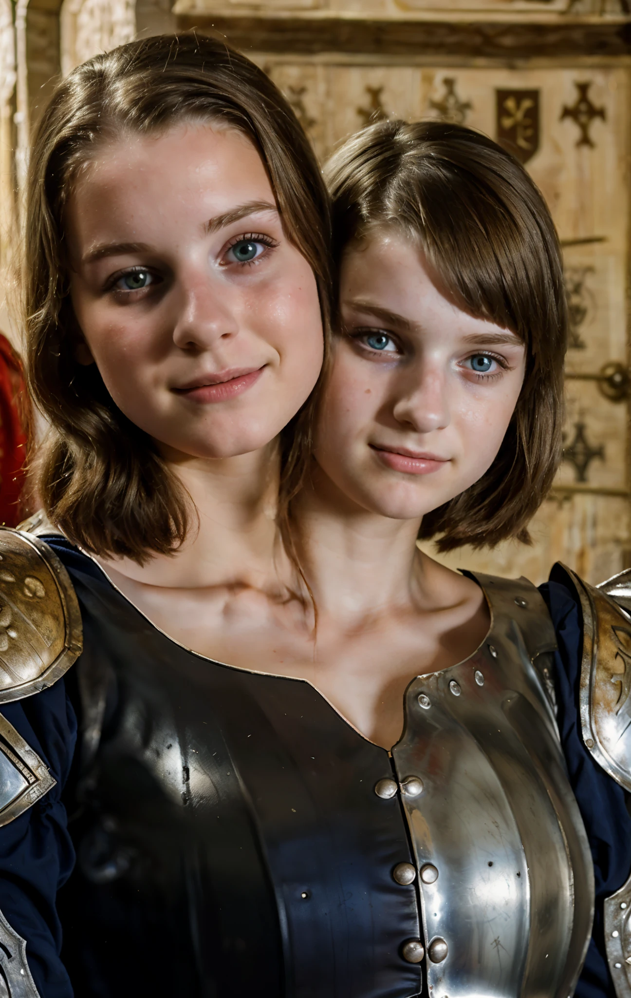 2heads, two headed girl, (a 19 year old girl and a girl:1.5), (medieval armor:1.5)