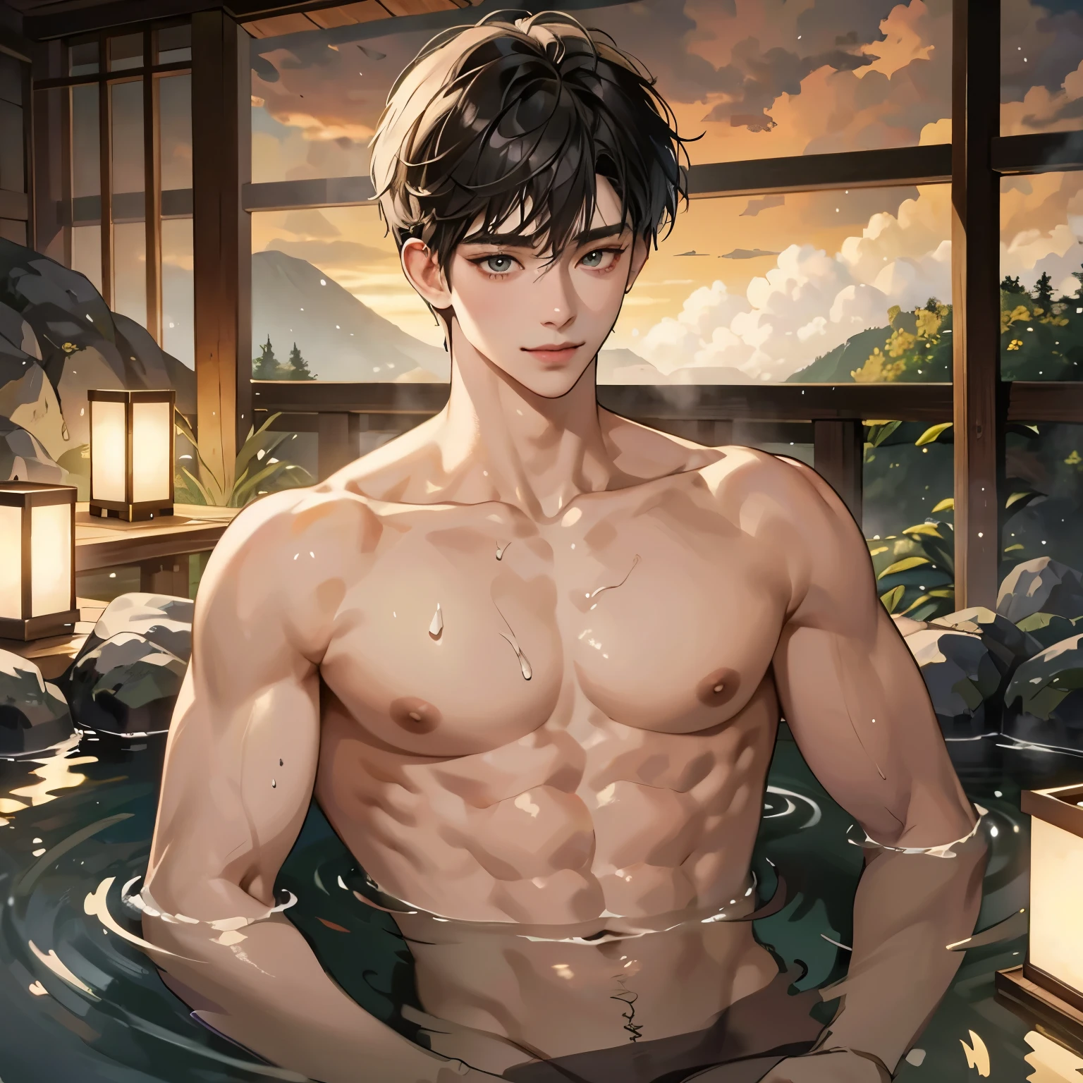 Cha Eun Woo似、1 boy、16k.mega highly detailed、hentail realism.best quality、A smile、Split Abs、Top Resolution Boy, Naked, completly , Muscular, Handsome, En plein air, bathing with steam, hot onsen, Onsen, Sweat, view the viewer, Depth of field, Bokeh, Detailed background, Detailed lighting, diffused natural sunlight, diffused natural skin glow, symetrical eyes