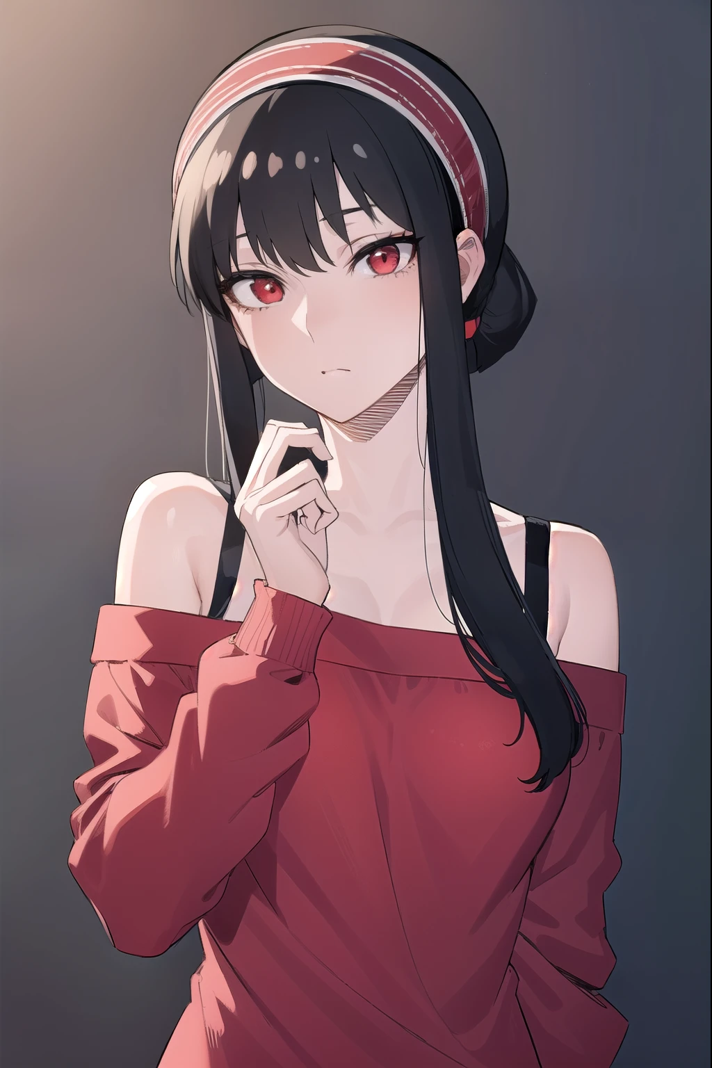 yorbriar, yor briar, black hair, (red eyes:1.5), earrings, gold hairband, hairband, long hair, sidelockedium breasts:1.2),
BREAK bare shoulders, collarbone, dress, long sleeves, off shoulder, off-shoulder dress, off-shoulder sweater, pantyhose, red sweater, sweater, sweater dress, thighs,
BREAK outdoors, city,
BREAK looking at viewer, full body, upper body,
BREAK (masterpiece:1.2), best quality, high resolution, unity 8k wallpaper, (illustration:0.8), (beautiful detailed eyes:1.6), extremely detailed face, perfect lighting, extremely detailed CG, (perfect hands, perfect anatomy),