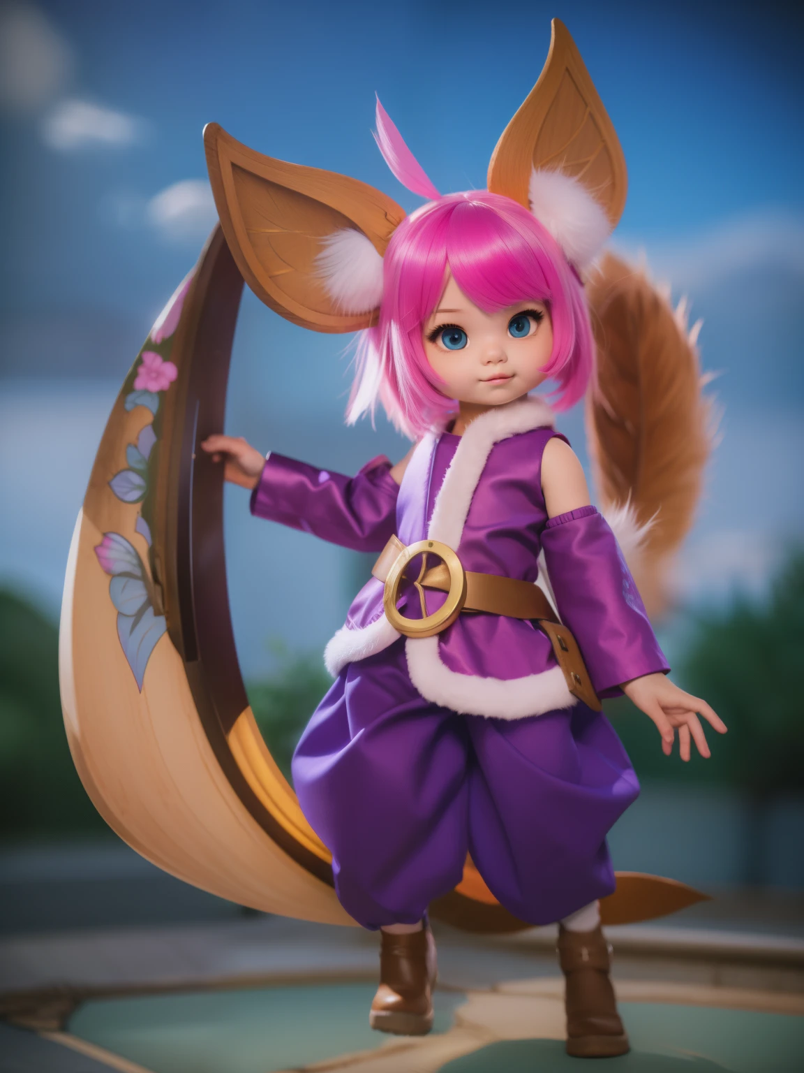 Extremely realistic, Ultra detailed, Make a this realistis, Focus, ((8K, Raw, Photography realistic:1.25)), epic skin, ((girl kids)), ((8 year old girl)), Cute, Cute face, ((hyper realistic face)), Human face, Hyper detailed face, (human face), ((Fox cosplay)), fox ear, feathers ear, (pink mantel clothes)), perfect face, realistic eye, blue eye, beautiful eye, clean eye, realistic nose, realistic lips, a close up of a person with a pink hair and a fox tail, female furry mini cute style, fox nobushi, pink fox, feathers, hyper realistic feather, hyper realistic clothes, gold rope belt, cat's paw pink gesper, fuchsia skin below the armor, fuchsia skin, pixie character, fuschia skin, fuchsia skin beneath the armor, cute character, smooth fuschia skin, Tail, hyper realistic Tail feathers, hyper realistic skin, armor, hyper realistic armor, Boomerang weapon, Giant boomerang, Hold weapons, hyper realistic weapon, hyper realistic wooden boomerag, Boomerang gold plate, pink arm armor, hyper realistic armor, boots, realistic boots, kitsune inspired armor, bright fuchsia skin, hyper realistic shadow, hyper realistic lighting, background change, Hyper realistic background, white stone floor, hyper realistic for all, ultra detail for all, Ultra clean photo