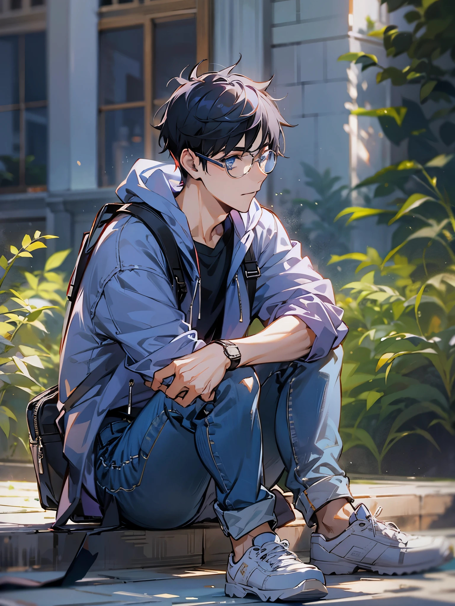 1male, Young Adult, Blue Eyes, Black Hair with Purple Highlights, Short Hair, Backpack, Glasses, Jeans, Casual Clothes, Masculine, School, Beautiful Lighting
