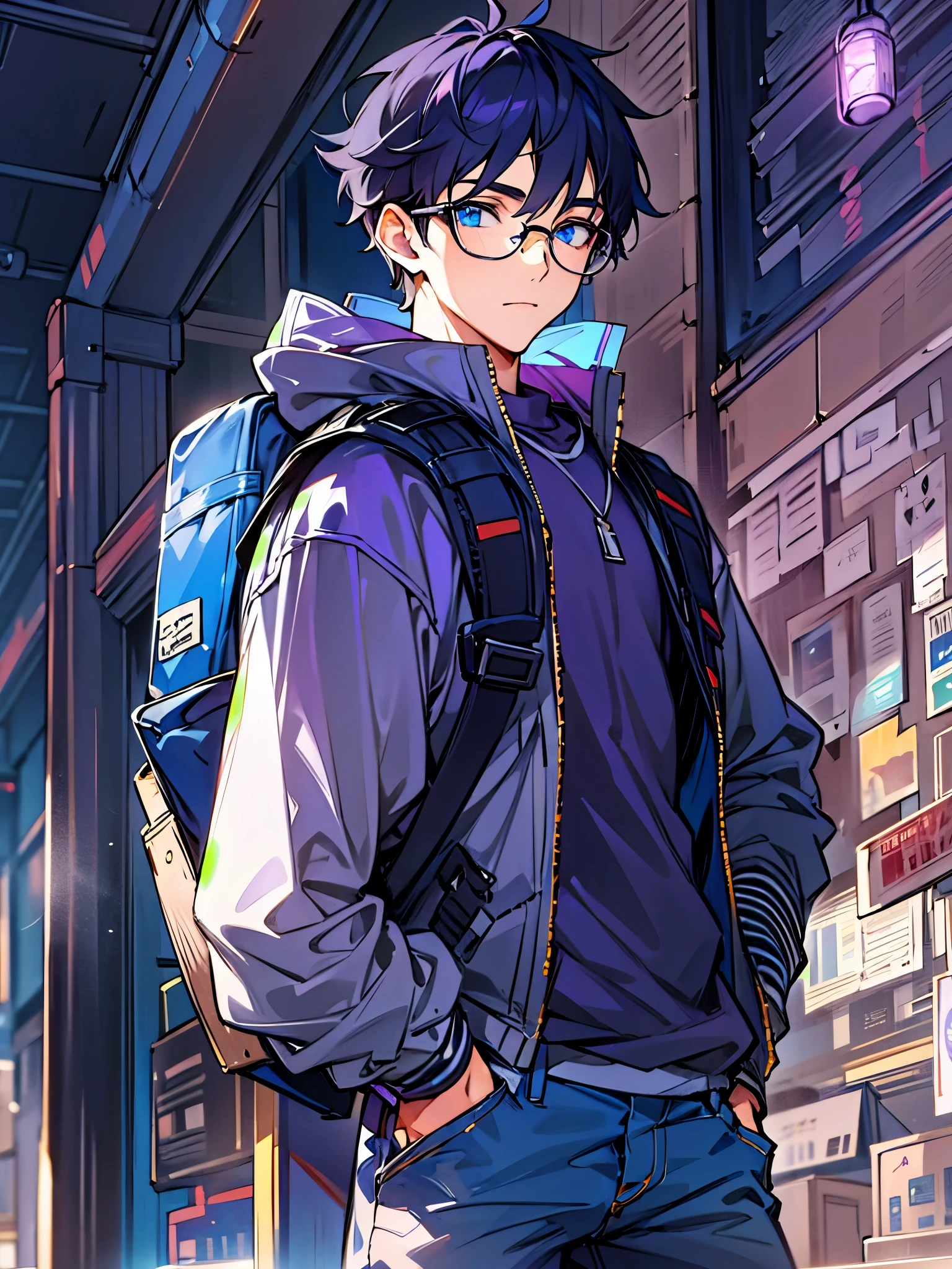 1male, Young Adult, Blue Eyes, Black Hair with Purple Highlights, Short Hair, Backpack, Glasses, Jeans, Casual Clothes, Masculine, School, Beautiful Lighting