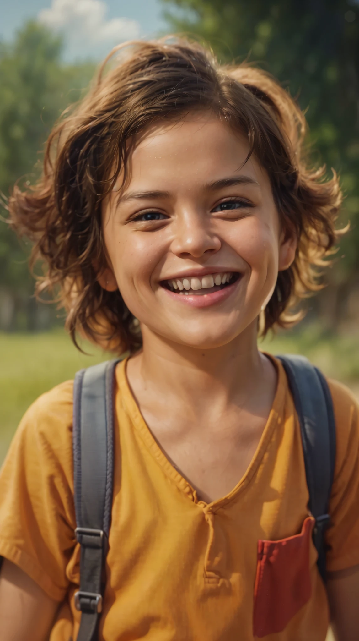 a close up of a with a backpack smiling, highly detailed vfx portrait, tv commercial, happy kid, highly detailed vfx portrait of, very big smile, he is smiling, music video, detailed portrait shot, still from a live action movie, mid 9 0 s, childrens art in artstation, big smile, small character. unreal engine 5
