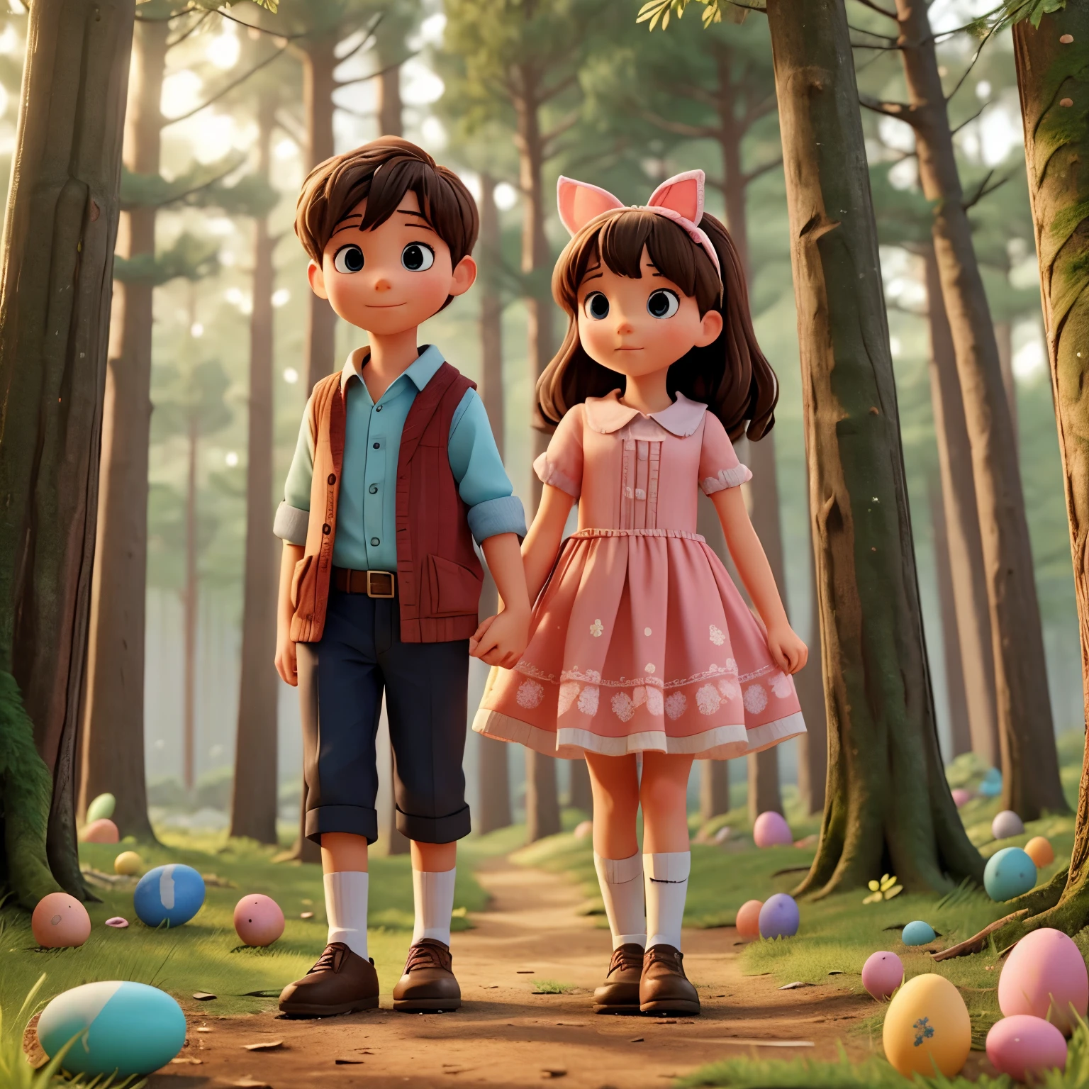A girl and a boy in the forest with the Easter bunny 