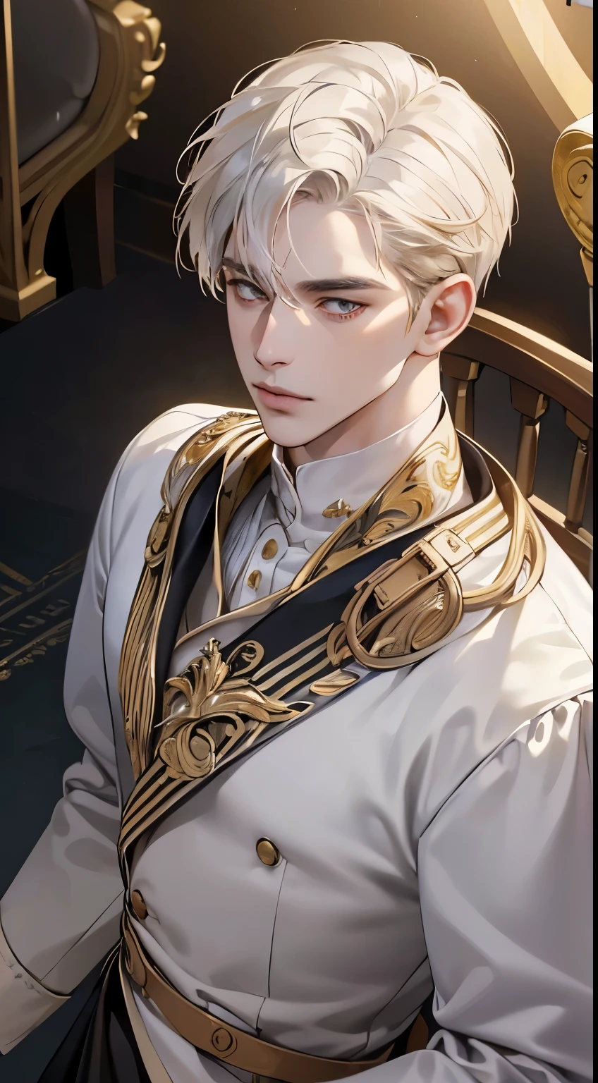 (best quality, masterpiece, 8K, photorealistic, cinematic lighting, 1:4 hdr image, top view, ultra detailed, beautiful image), a mature man, very handsome, short white hair, gold eyes, perfect face without errors , (CEO).Duke. Era vitoriana