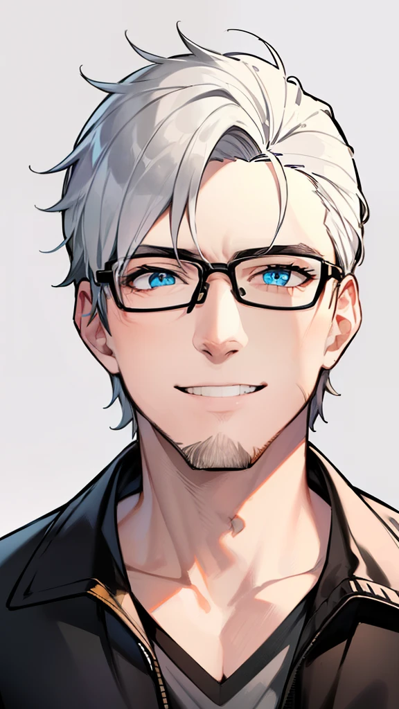 drawing of a adult man in his 30s with glasses and a black jacket, smiling kindly like he just pulled a prank, drawing of a tall adult man in his 30s with blue eyes, white haired, drawing of a handsome man, white-haired, with glasses, drawing portrait, with glasses on, ( ( eye glasses ) ), 8 k, avatar image, in his 30s