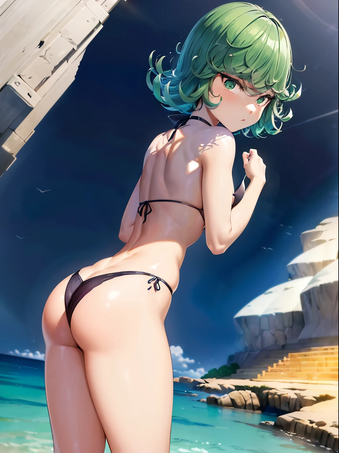 (obra maestra, escena de playa al atardecer: 1.3), (Tatsumaki de One Punch Man: 1.2), (standing at its height of 150 centimeters with 45 kg well distributed: 1.2), (Beautifully proportioned body with small breasts and medium-sized buttocks, firmes y redondas: 1.2), (Thin physique: 1.1), (paseando por la playa en el momento de la captura: 1.2), (facing away from camera, but turning around with a brief laugh at the corner of his mouth.: 1.2), (Photograph taken from his back: 1.5), (((wearing an extremely small black bikini on both the top and bottom: 1.5))), (capturing the enchanting lighting of the sunset: 1.1), (realzando la belleza de su cabello de color verde: 1.3) Detalles hiperdetallados y locos, bellamente graduado de color, Unreal Engine, DOF, Super-Resolution, Megapixels, Cinematic rays, anti-aliasing, FKAA, TXAA, RTX, SSAO, POSTPROCESAMIENTO, POSTPRODUCTION, MAPEO DE TONOS, CGI, VFX, SFX, insanely detailed and intricate, HIPER MAXIMALISTA, HIPERREALISTA, volumetic, FOTORREALISTA, ULTRA FOTORREALISTA, ULTRA DETALLADO, DETALLES INTRINCADOS, 8K, super detailed, a todo color, volumetric illumination, HDR, realista, motor irreal, 16K, sharp focus. Renderizado de octano