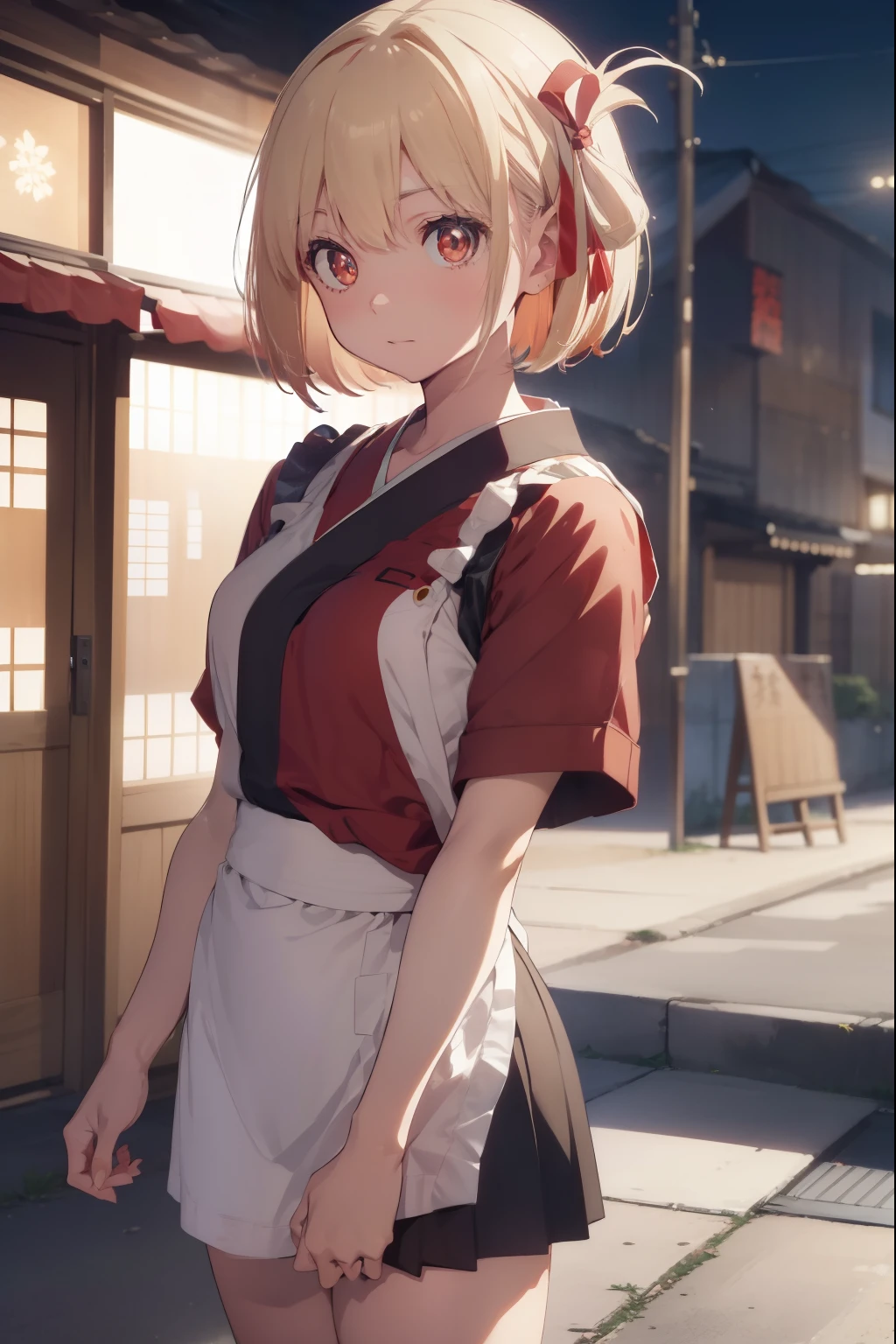 chisatonishikigi, nishikigi chisato, short hair, bangs, blonde hair, (red eyes:1.5), hair ribbon, one side up, bob cut,
break japanese clothes, kimono, apron, red ribbon, waitress, red kimono,
break outdoors, athletics stadium,
break looking at viewer, break (masterpiece:1.2), highest quality, High resolution, unity 8k wallpaper, (figure:0.8), (detailed and beautiful eyes:1.6), highly detailed face, perfect lighting, Very detailed CG, (perfect hands, perfect anatomy),