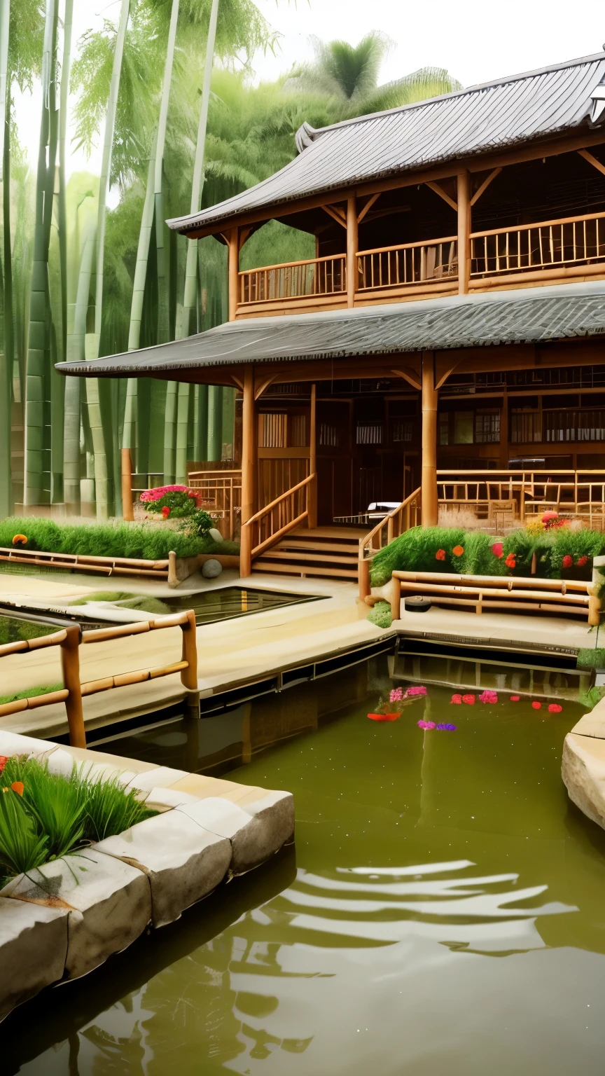 The bamboo cafe has a fish pond and a horse-drawn carriage decorated with flowers 