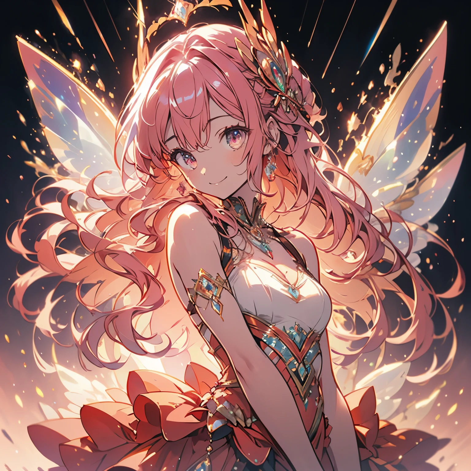 (masterpiece, very detailed, exquisite, beautiful, Full HD, High resolution, confused), (1 person),fairy woman, fire dress base,((fire motif dress)), Giant fairy wings,((smile,Excited, grin and laugh)), dynamic angle,floating, With her left hand on her hip, Right hand wrapped in flames,fire magic,magic circle,ruby cave,looking at the viewer, golden eyes, Big eyes, sunburned skin, slim, ruby earrings, ruby choker, (white and red ball gown dress:1.1, fire motif dress,ruby decoration), (bob, wavy pink hair,my hair is on fire:1.2 ),fantasy, romantic academia, cinematic lighting, volume lighting, dynamic lighting,soft edge, soft lines,dynamic angle, dramatic lighting, warm lighting, soft lighting, Depth of written boundary, fantasy, beautiful, dreamy atmosphere,