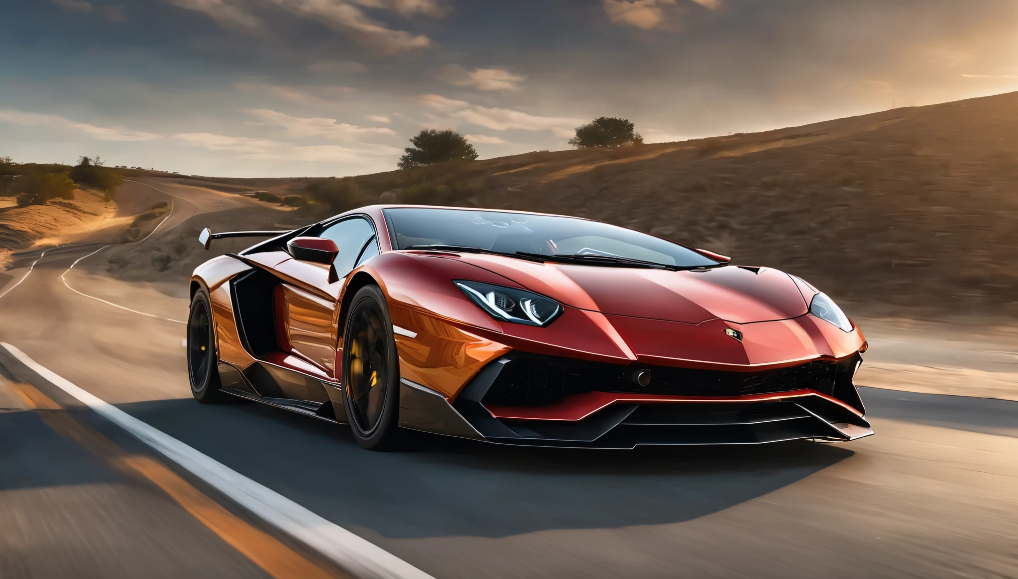 Lamborghini aventador svj driving into sunset, photo taken from rear left angle, ultra photorealism, sharp details, wide angle photography, 16k UHD, realistic proportions, fprza horizon 5