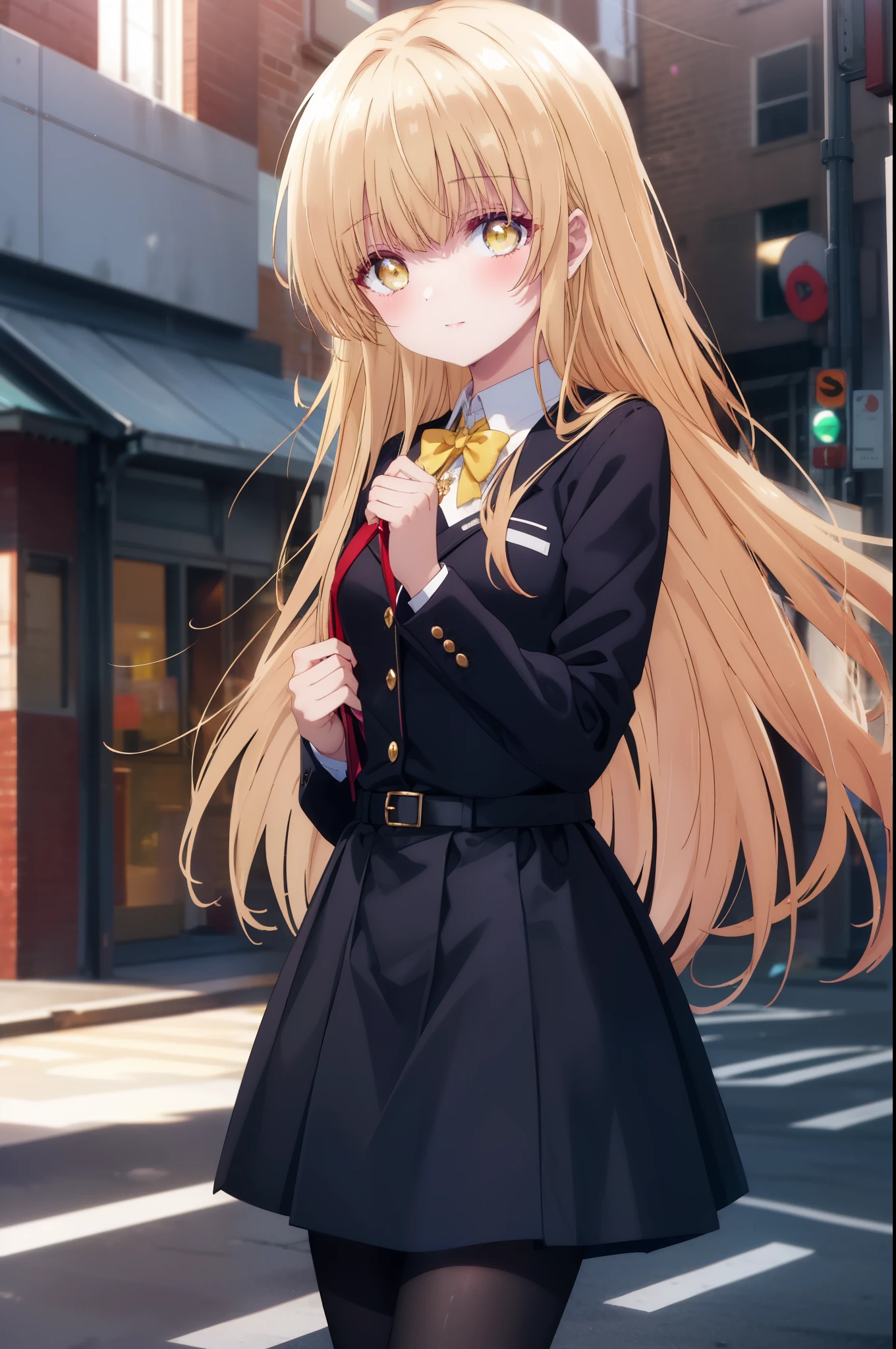 mahirushiina, Mahiru Shiina, bangs, blonde hair, brown hair, (yellow eyes:1.3), smile,blush,open your mouth,long hair,OL, red glasses, end, black suit jacket, collared jacket, white dress shirt, collared shirt, neckline, button, strap, ID card on neck, black pencil skirt, stiletto heels,black pantyhose, smile, blush, looking at the viewer,sunrise,morning,The sun is rising through the gap between the buildings,walking,
break outdoors,building street,In town,
break looking at viewer, whole body, (cowboy shot:1. 5)
break (masterpiece:1.2), highest quality, High resolution, unity 8k wallpaper, (figure:0.8), (detailed and beautiful eyes:1.6), highly detailed face, perfect lighting, Very detailed CG, (perfect hands, perfect anatomy),