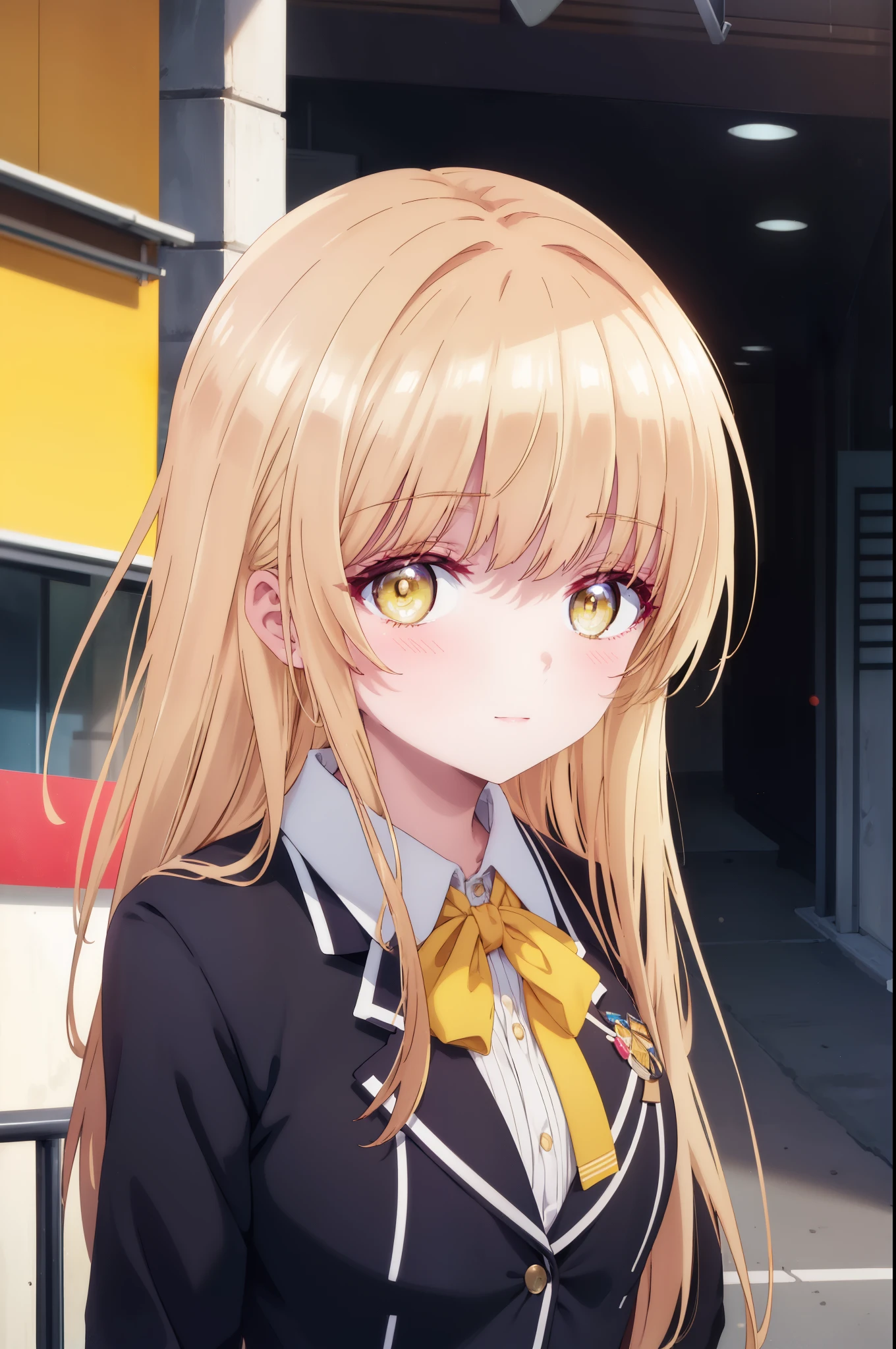 mahirushiina, Mahiru Shiina, bangs, blonde hair, brown hair, (yellow eyes:1.3), smile,blush,open your mouth,long hair,OL, red glasses, end, black suit jacket, collared jacket, white dress shirt, collared shirt, neckline, button, strap, ID card on neck, black pencil skirt, stiletto heels,black pantyhose, smile, blush, looking at the viewer,sunrise,morning,The sun is rising through the gap between the buildings,walking,
break outdoors,building street,In town,
break looking at viewer, whole body, (cowboy shot:1. 5)
break (masterpiece:1.2), highest quality, High resolution, unity 8k wallpaper, (figure:0.8), (detailed and beautiful eyes:1.6), highly detailed face, perfect lighting, Very detailed CG, (perfect hands, perfect anatomy),