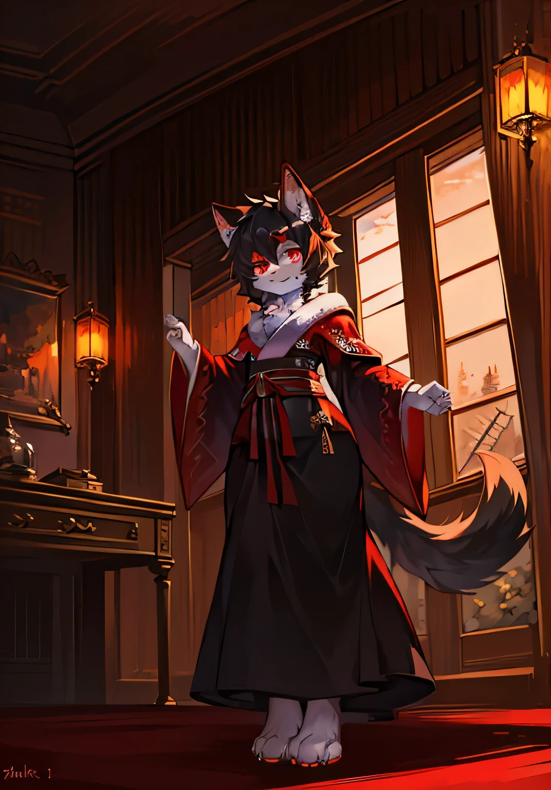 (ambiente dark:0.8),masterpiece,high quality,abstract res,digital painting\(artwork\), black hair, longe hair,(anthro,fluffy fur,character focus:1.1),anthro female cat,short hair,portrait , eyes with brightness, in a panoramic view, Character focus.(detailedbackground:0.7), solo, shaggy, shaggy female, malefocus, anthr,(Full Body Furry, Fluffy tail, White fur, red color eyes, blackhair:1.2), (long canines、Vampires、cloaks:1.2),(interiors、the night、:1.1, HD, fullhd, high quality, detailed, kimono, wearing a kimono