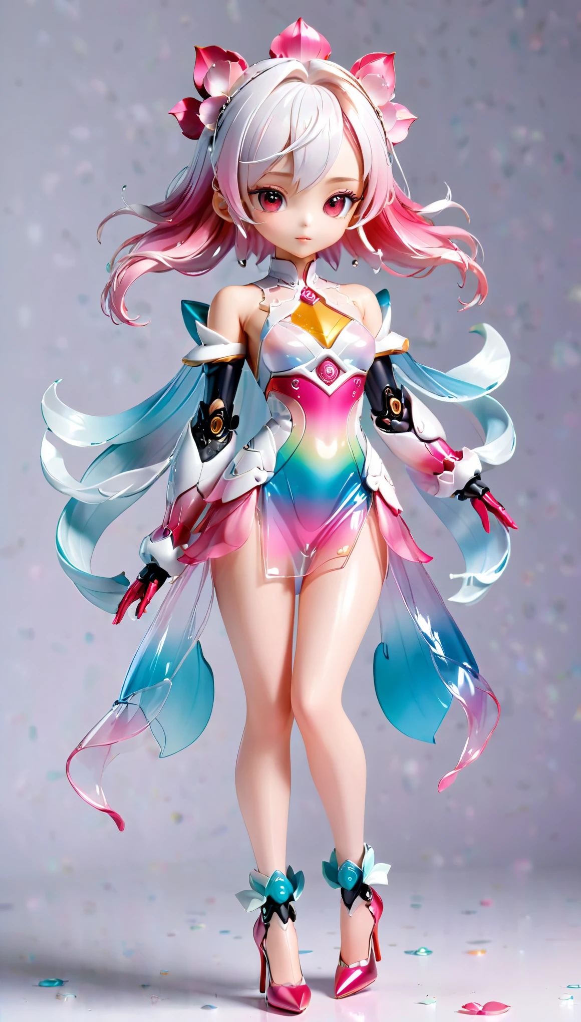 (Blind Box Spielzeug Stil:1.2),full body, solo,white background,(A female robot in a transparent White and pink gradients Lotus dress, wearing gloves and high heels),(Chinese color,Very colorful), 3D